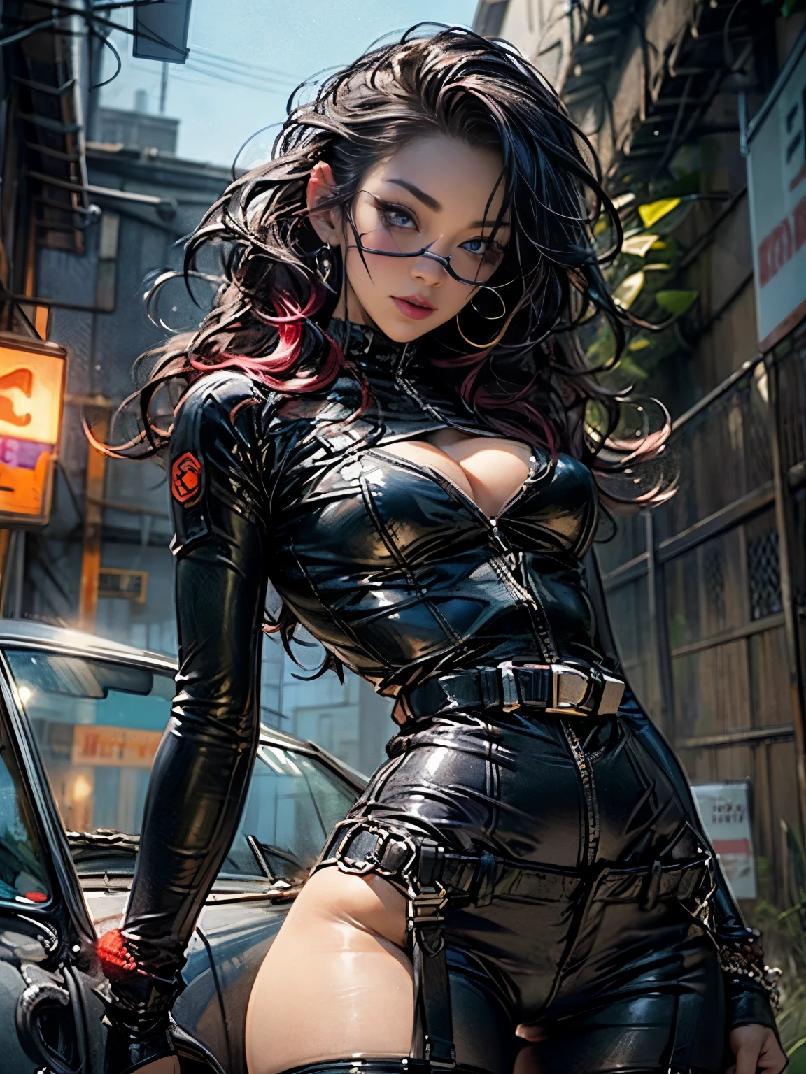 PERFECT MASTERPIECE, EXTREMELY DETAILED CG UNITY 32K UHD QUALITY RESOLUTION WALLPAPER, PHOTOREALISTIC, RAW PHOTO, PERFECT PHOTOGENIC CLARITY, OFFICIAL ART, AWARD-WINNING PORTRAIT, ULTRA HYPER-REALISTIC, ULTRA HYPER-DETAILED, SHINY REALISTIC SKIN, The most beautiful and sexy dominatrix girl, very long black and rainbow colored hair, vibrant moonlight eyes, long detailed eyelashes, blushing, full pouting pink lips, curvy body type, full hips, super huge enormously gigantic tits, cleavage showing, gigantic tits bursting out of her outfit, wearing full-body leather suit with lots of buckles chains thigh high leather boots, arching her back in a sexy seductive slutty pose, looking at the viewer, close up pov camera view from below, sexy seductive horny slutty facial expression, dominatrix bedroom background.