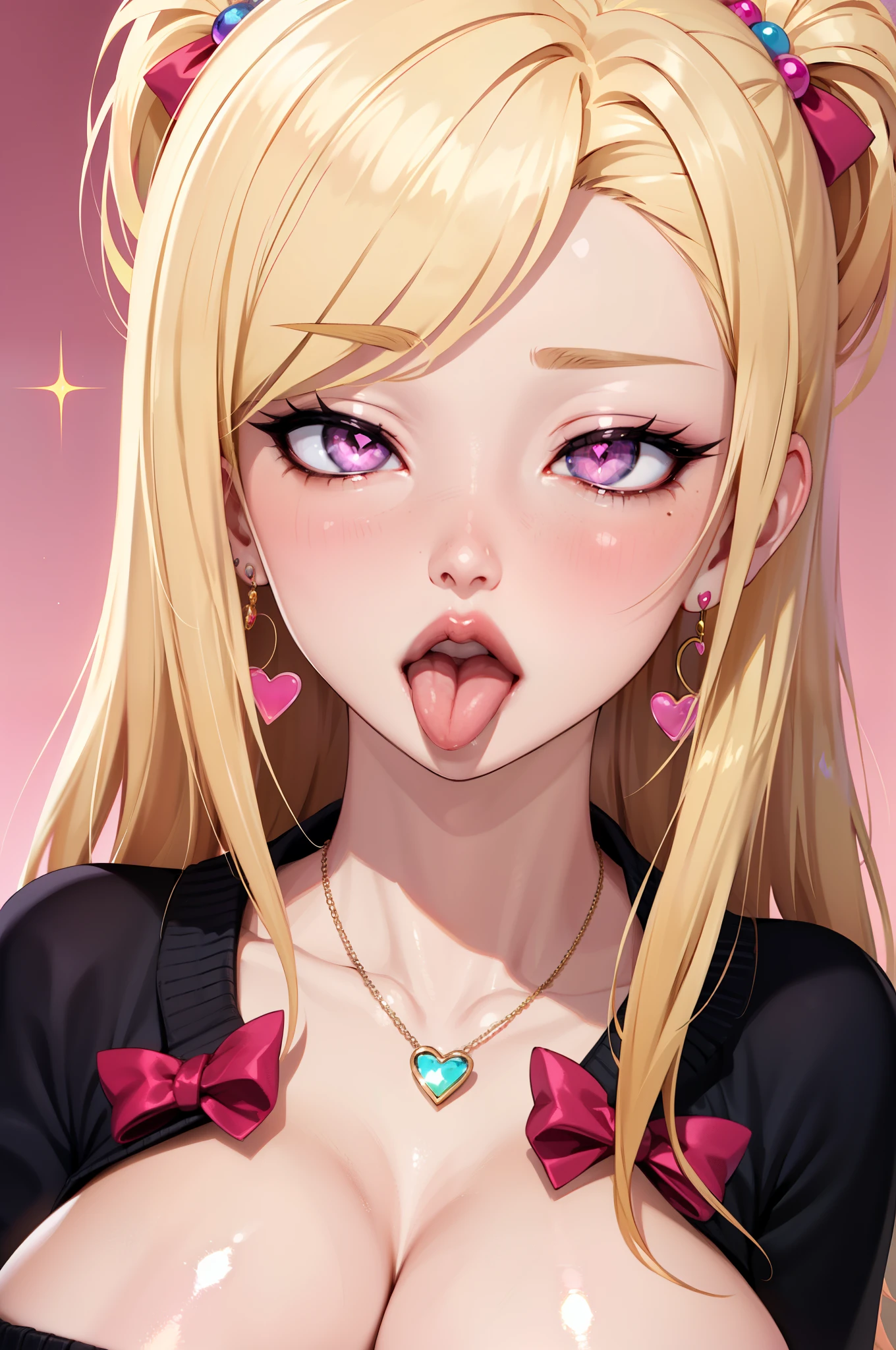 1girl, blonde hair, long hair, big lips, pink eyes, heart shaped pupils, close up, cleavage, bow tie, cardigan, dainty necklace, earrings, huge breasts, ahegao, tongue out, eyes rolled back, blush, nose blush, gradient background, sparkles, anime, seductive, intimate, headshot, portrait