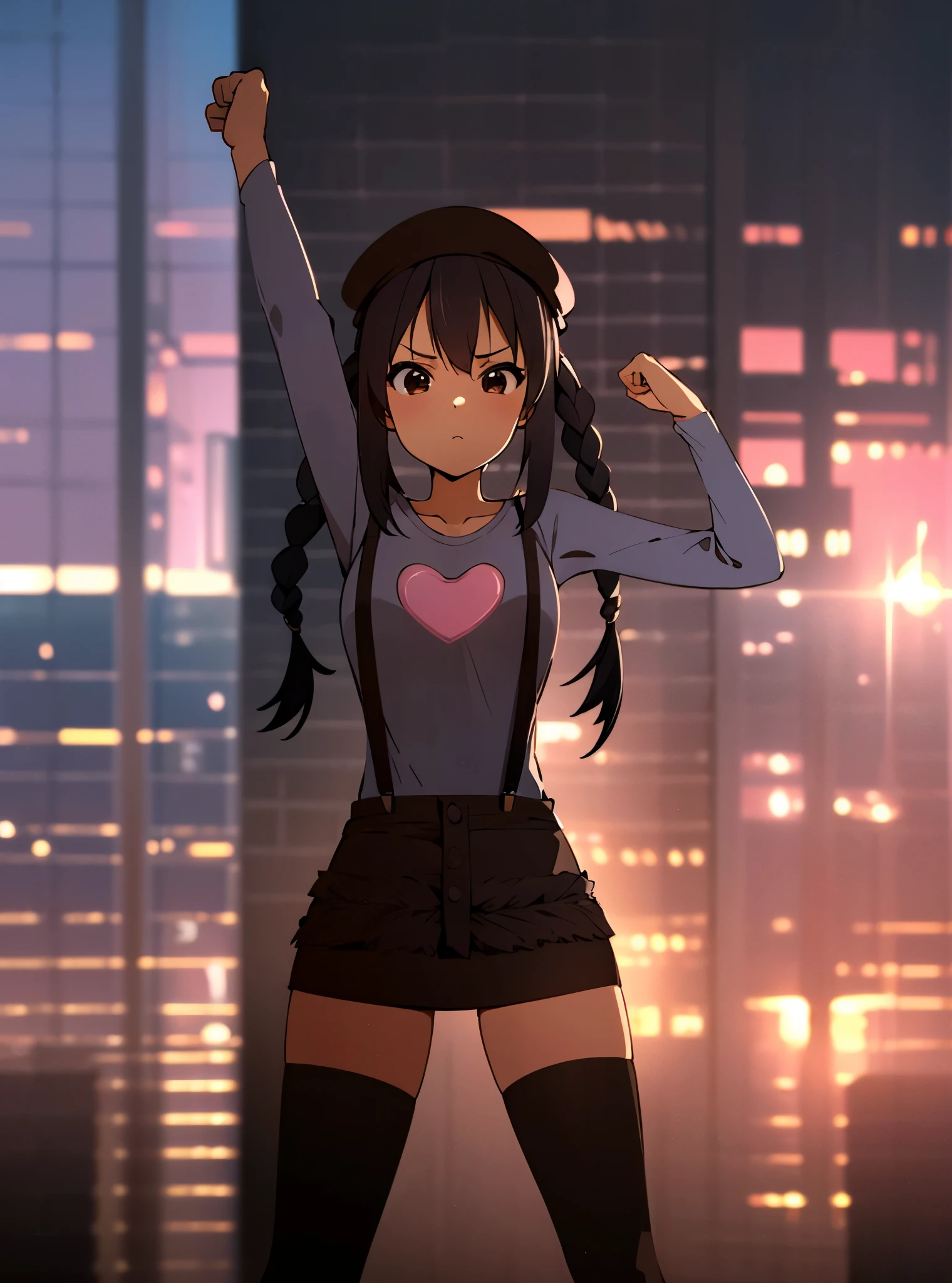 1girl, (((masterpiece))), top-quality, top-quality, high détails, nakano azusa, 1girl, Twin-tailed, length hair, A dark-haired, brown-eyed, Gray T-shirt.suspenders.a black skirt.illustratio, comic strip, soothing tones, Subdued Color, Soft cinematic light, adobe lightroom, photolab, HDR, intricately and hyper-detailed、(((depth of fields))))。(((masterpiece)))。(((top-quality))).)((ultra-detailliert)))。(((illustratio)))。(((takeout))).dynamic focus.big breasts.(((Skyscrapers))).(((A city scape))).(((serious))). closed mouth.(((raising one arm))).(((up chest))).((evening glow)).((the setting sun)).(((Heart on chest))).Feathered hat.Bend your elbows.Clench your fists