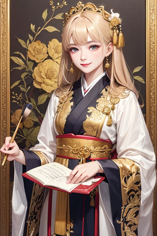 ((Best quality at best)), ((tmasterpiece)), (Detailed pubic hair), s the perfect face,golden hair,Smiling,Elegant intellectual,A combination of tradition and modernity。Wearing ancient traditional clothes,Luxurious atmosphere,daughter,Calligraphy with a brush in hand。modern technology background,There are calligraphy elements。