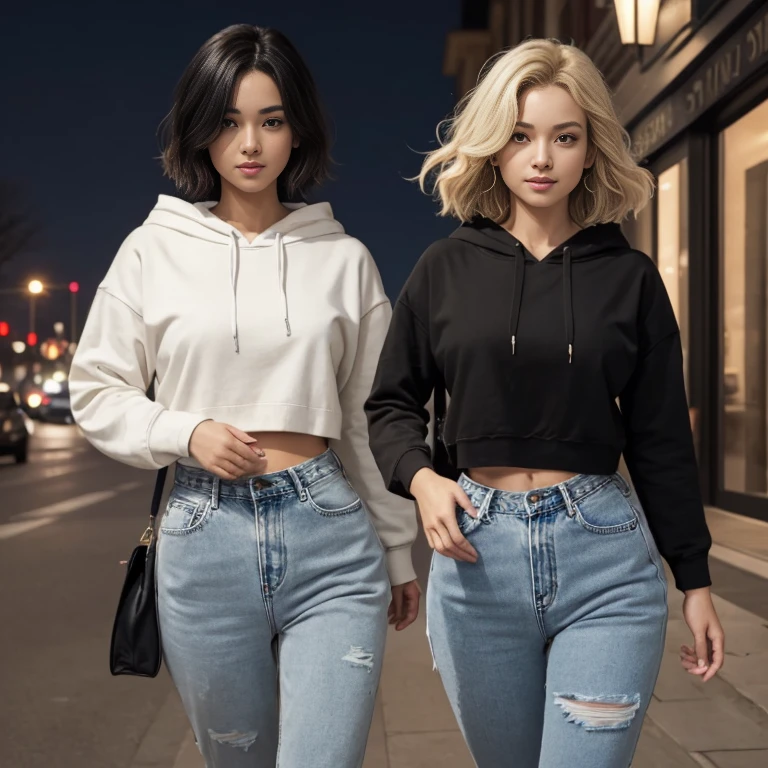 large baggy hoodie, jeans, nigh scene, sexy blond hair, walking at night, smiling, sexy, walking at night, walking through cities at night, pretty face, makeup, large grey pullover hoodie, sexy jeans, oversized_hoodie, string on hoodie, kangaroo pouch on hoodie, wavy blond hair, large breasts, lips parted, sexy lips, lips separated, large waist, sexy large thighs, seriouse face, startruck eyes, 4k eyes, large ass, longe wavy hair, longe blond hair, sexy tight jeans, sexy thick thighs,hair tied up in bun, two girls, two girls one with blond hair one with black hair, two different faces, different cloths from eachother, black hair black hoodie on second girl, sexy tight ripped jeans on both girls, slight smile, sexy look, large waist, tight ripped jeans, looking at viewer, big ass, facing viewer