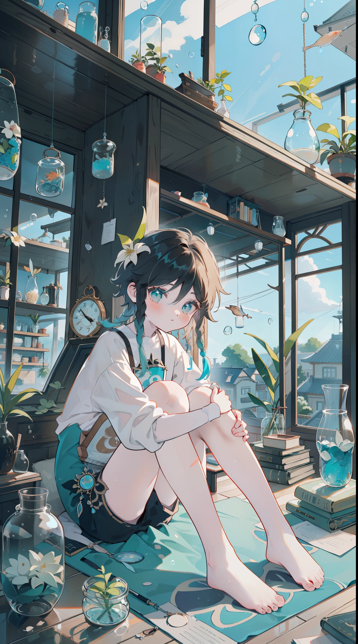 （（（（（（inside jar））））））、A boy with, ((full bodyesbian)), Wendi (genshin impact),brunette color hair, Green eyes, ((((Packed in jars))))、adolable、最small, small, A piece of,(((Packed in jars))), (Eau, Eau泡)