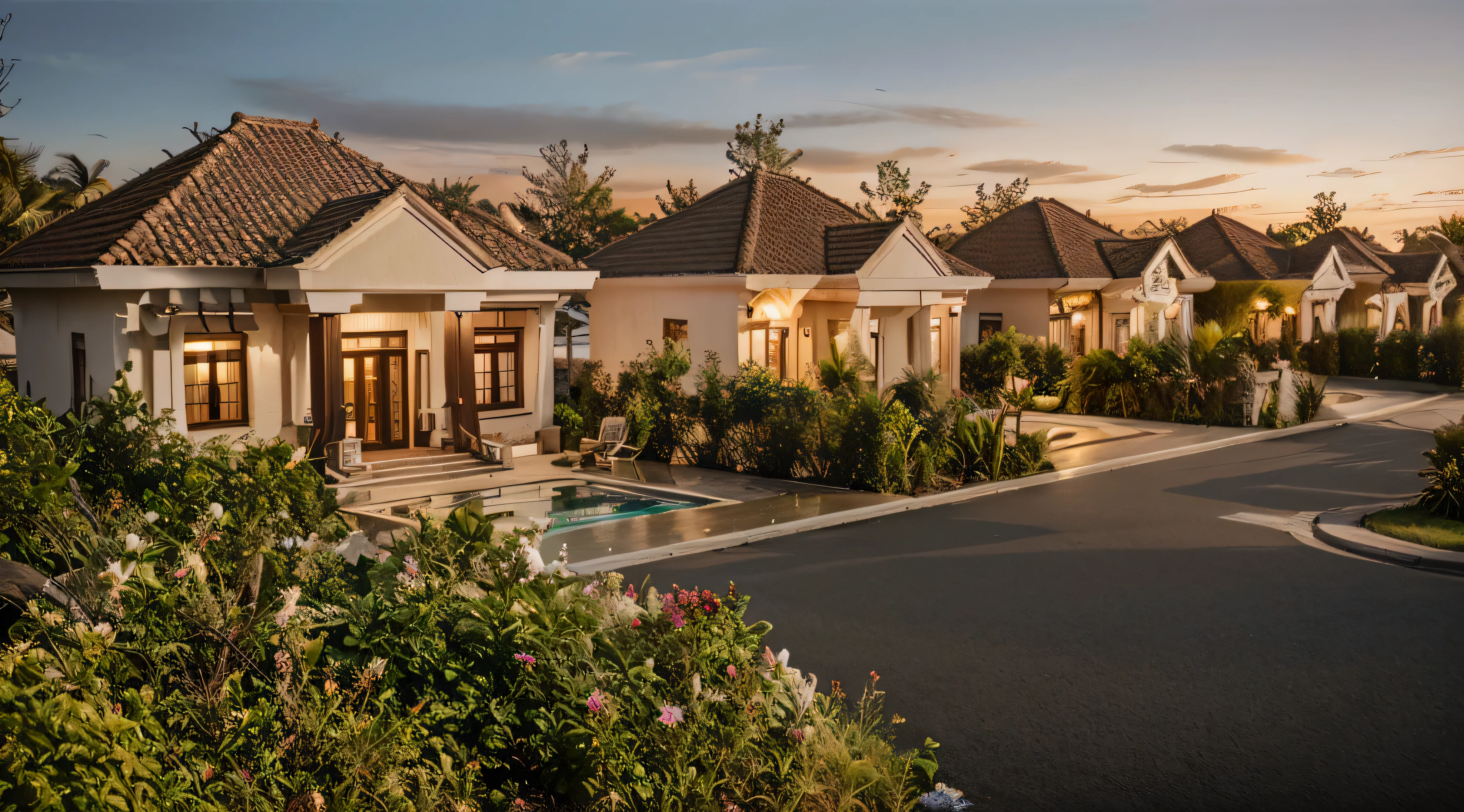RAW photo, (high detailed skin:1.2), 8k UHD, DSLR, soft lighting, high quality, film grain, Fujifilm XT3, realistic, wide angle, ((vray)), render, detailed, tropical plants, clear image, high reflection, daylight, spring light, soft light, many trees background, the exterior of the house, villa, french style, classical style, coconut trees, no water,