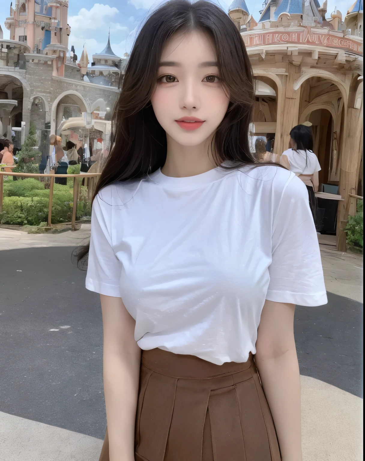 (Masterpiece, best resolution: 1.2), (brown eyes), seduction, smile, long hair, small breast, high-definition facial features, 8K, double eyelids, delicate facial feature, natural body, ((((wearing t-shirt and skirt))), (((theme park))), (standing), full body