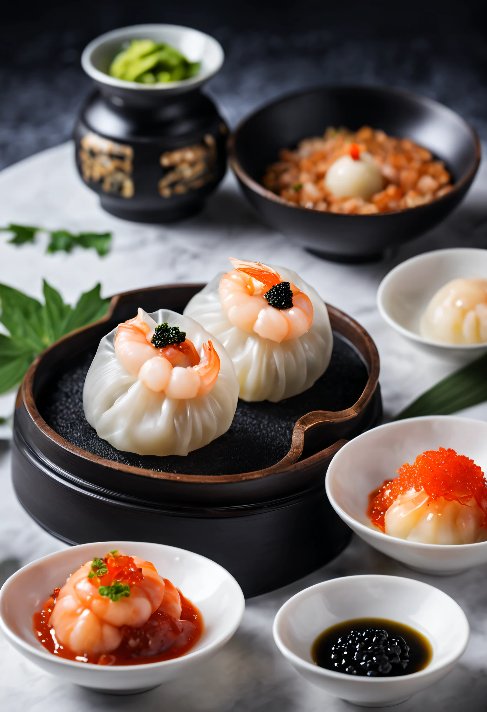 Produced by Michelin，Chinese traditional dumplings，Transparent shrimp dumplings，caviar，High-end presentation，