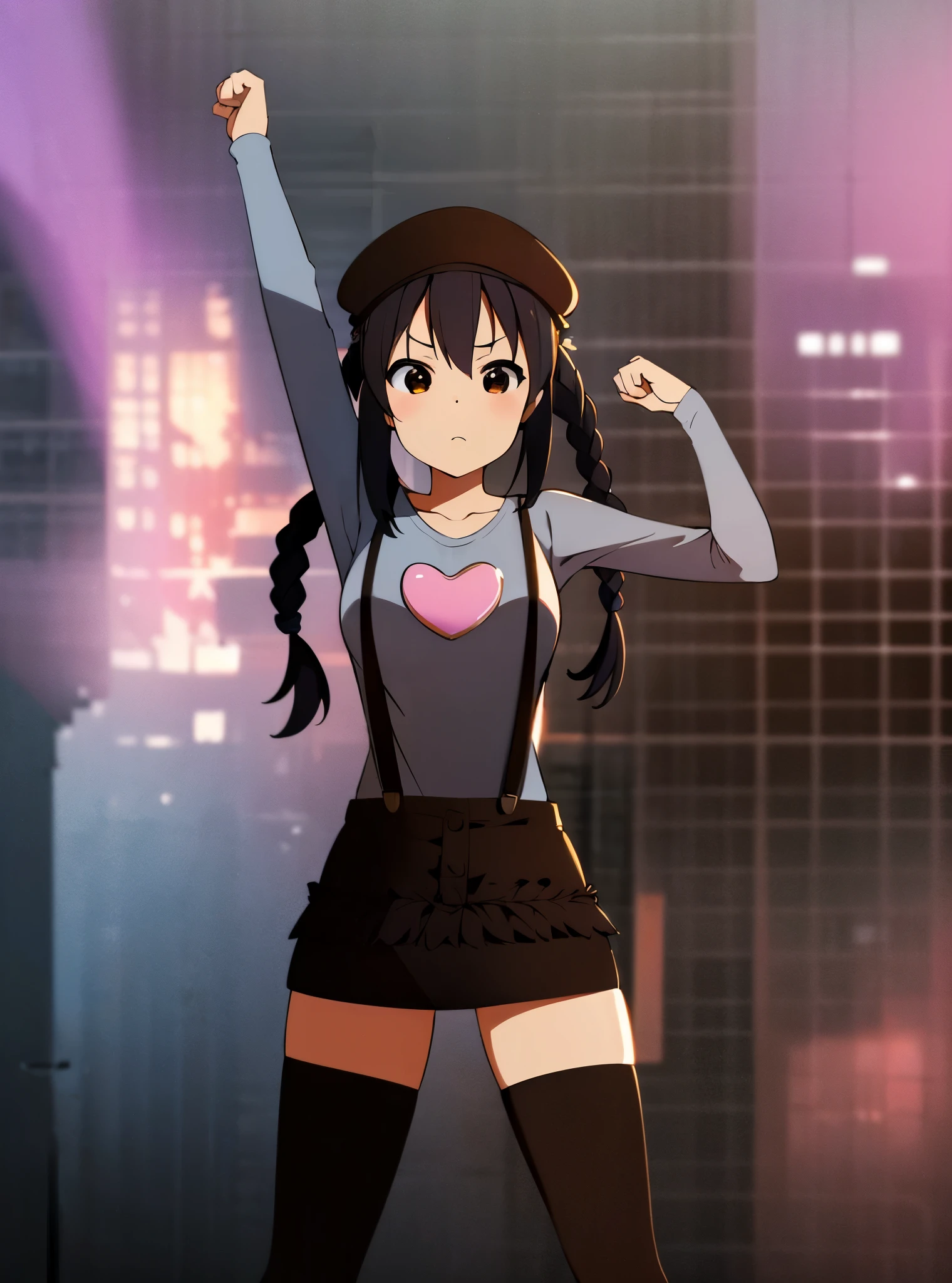 1girl, (((​masterpiece))), top-quality, top-quality, high détails, nakano azusa, 1girl, Twin-tailed, length hair, A dark-haired, brown-eyed, Gray T-shirt.suspenders.a black skirt.illustratio, comic strip, soothing tones, Subdued Color, Soft cinematic light, adobe lightroom, photolab, HDR, intricately and hyper-detailed、(((depth of fields))))。(((​masterpiece)))。(((top-quality))).)((ultra-detailliert)))。(((illustratio)))。(((takeout))).dynamic focus.big breasts.(((Skyscrapers))).(((A city scape))).(((serious))). closed mouth.(((raising one arm))).(((up chest))).((evening glow)).((the setting sun)).(((Heart on chest))).Feathered hat.Bend your elbows.Clench your fists