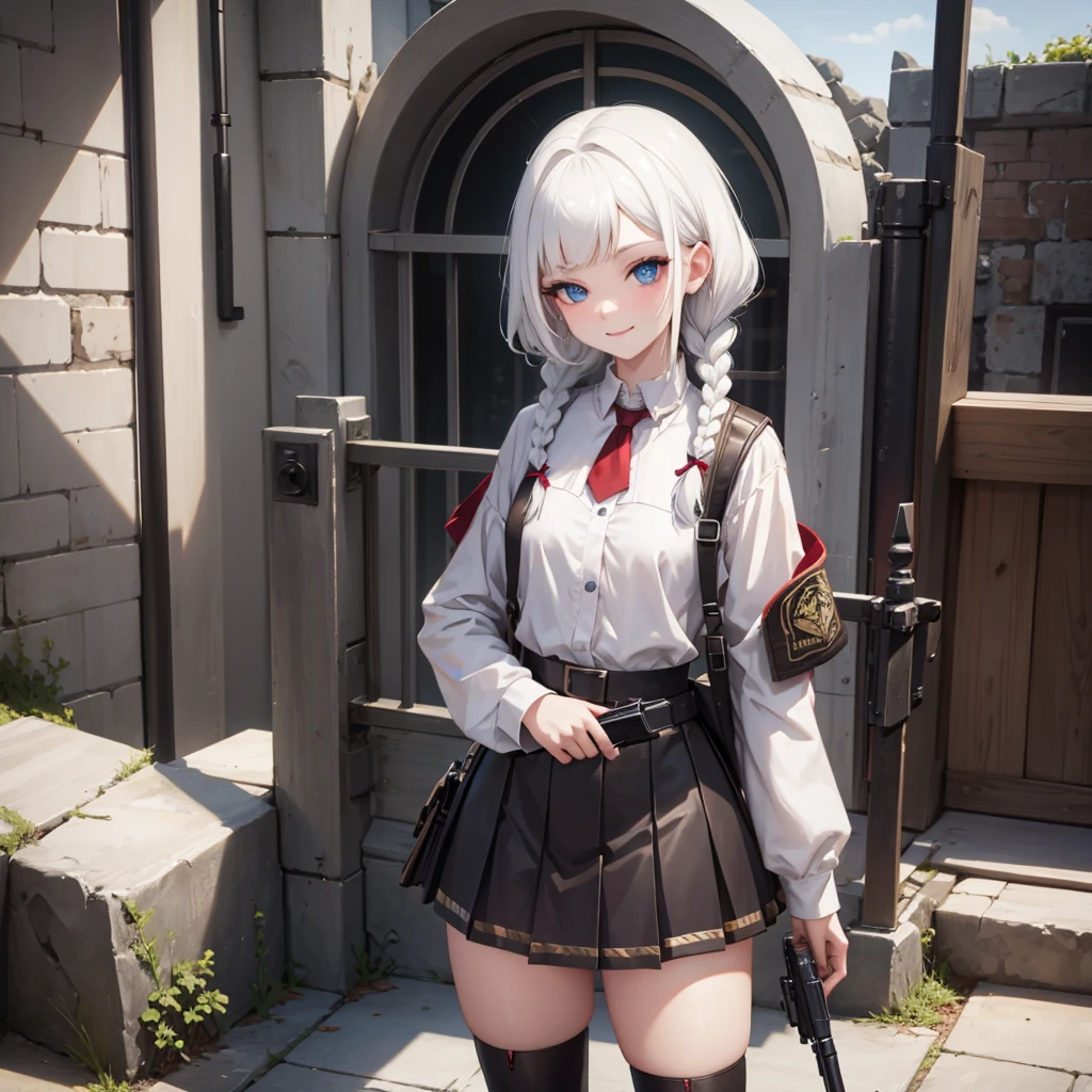 braid, ((short bangs:1.4)), (white hair), (best quality:1.3), (highres1.3), (clear1.3), (8k:1.3), masterpiece, (detailed:1.1), 1girl, beautiful detailed eyes, beautiful detailed lips, extremely detailed eyes and face, long eyelashes,, blue eyes, shy smile, perfect proportion, face close up, mature,slender body, (small chest), black military jacket, hood up,pleated skirt, thick thigh high socks ,military boots, apocalyptic world, destroyed city, wilderness, high ground, dynamic angle and pose, hold a gun, claw pose, smile, wind,rubble,