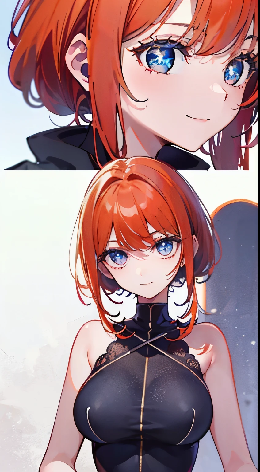 18 year old beautiful girl, blue big eyes,  Petite and slender、slightly large breast, ((scarlet orange hair,)),(Loose fluffy short braided hair), in 8K, of the highest quality, (Highly detailed head: 1.0), (Very detailed face: 1.0), (very detail hair: 1.0),(Skimpy black rubber bondage dress), Detailed official artwork, anime moe art style, clean detailed anime art, Cool smile