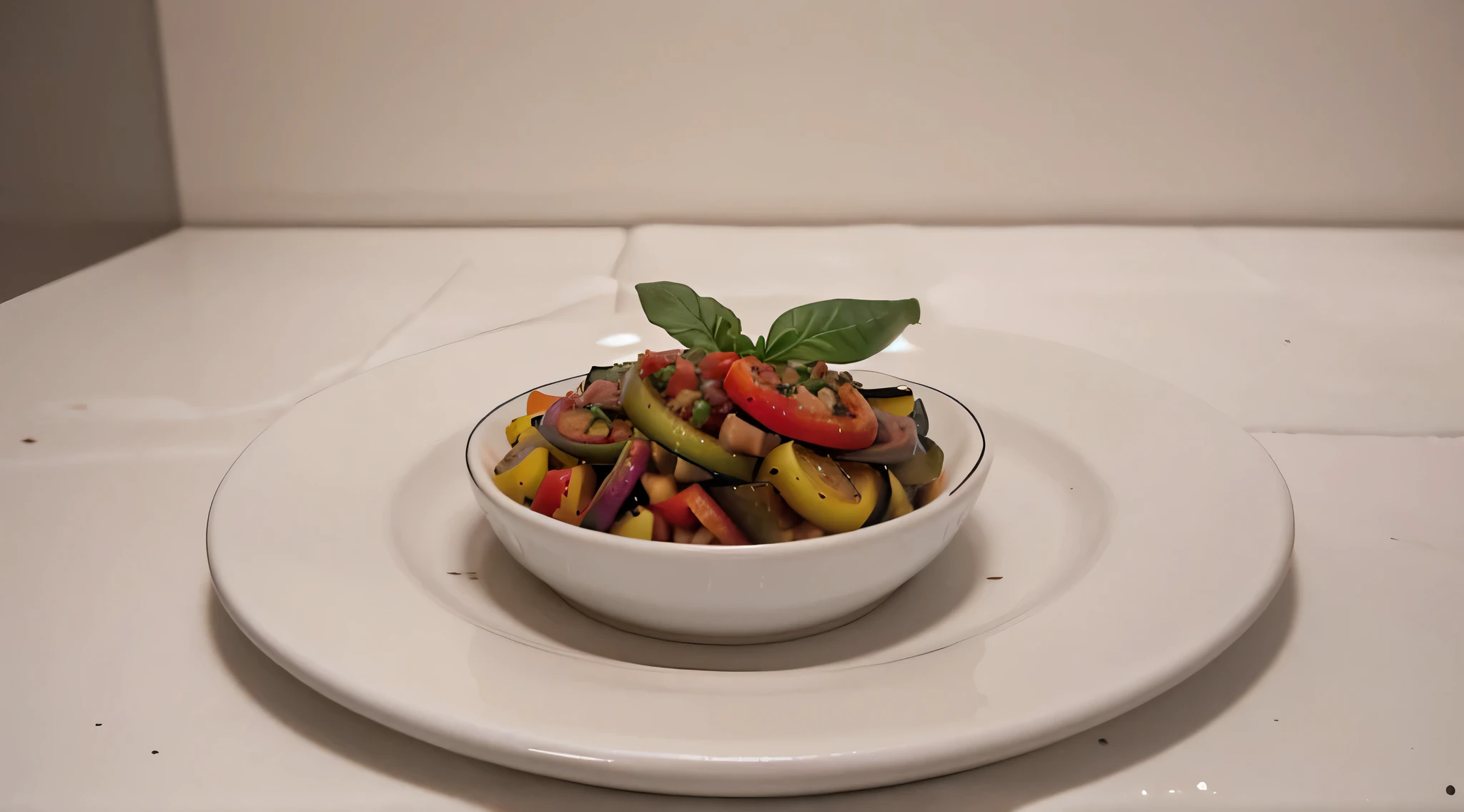 Ratatouille, placed on a white large round plate with rhinestones, juicy dish ratatouille.