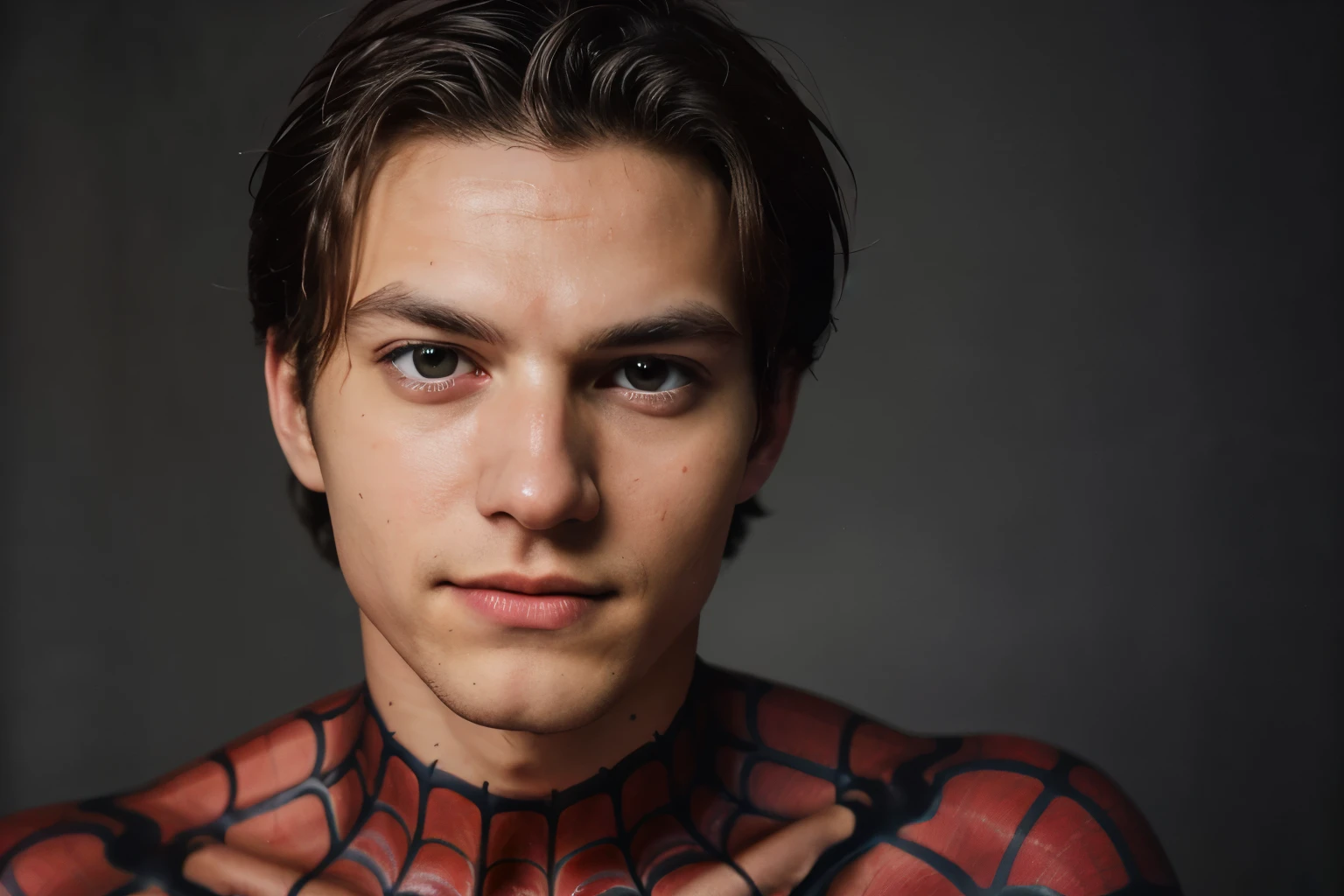 A photograph of spider man, no mask, 20 yo, handsome, detailed face, looking at camera, portrait, 8k uhd, high quality