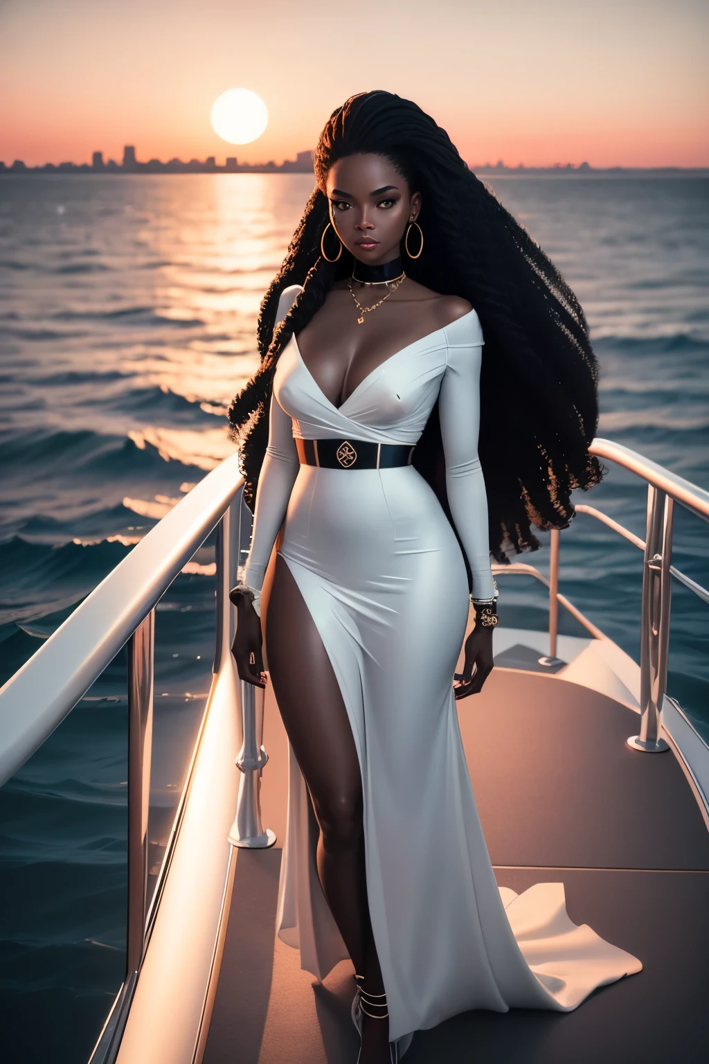 Raw photo, beautiful black woman looking at the sea, in elegant outfit, long hair, accessories, in a yacht, full body, standing, Photograph taken on kodak camera, Retro aesthetic, Shot on 28 mm kodak camera, Film vintage colors, 8k, chic contemporary attire, and a backdrop of city lights, sunset