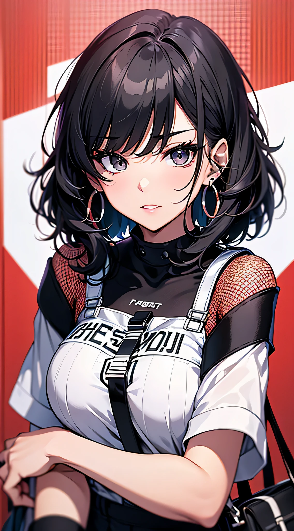 top-quality、Top image quality、masterpiece、Teenage girl((White shirt、Long black trousers、18year old、 Ager、Best Bust、big bast,Black eyes, Black hair、A slender,Large valleys、red lipstick makeup on eyelids、Cute earrings、銀の腕時計、sexypose、Bring your chest together、Stylish shoulder bag、Red mesh、Leaning forward)),hiquality、Beautiful Art、Background with((white wall for photography、Multiple cameras、Shooting range))masterpiece、depth of fields,Cinematic style