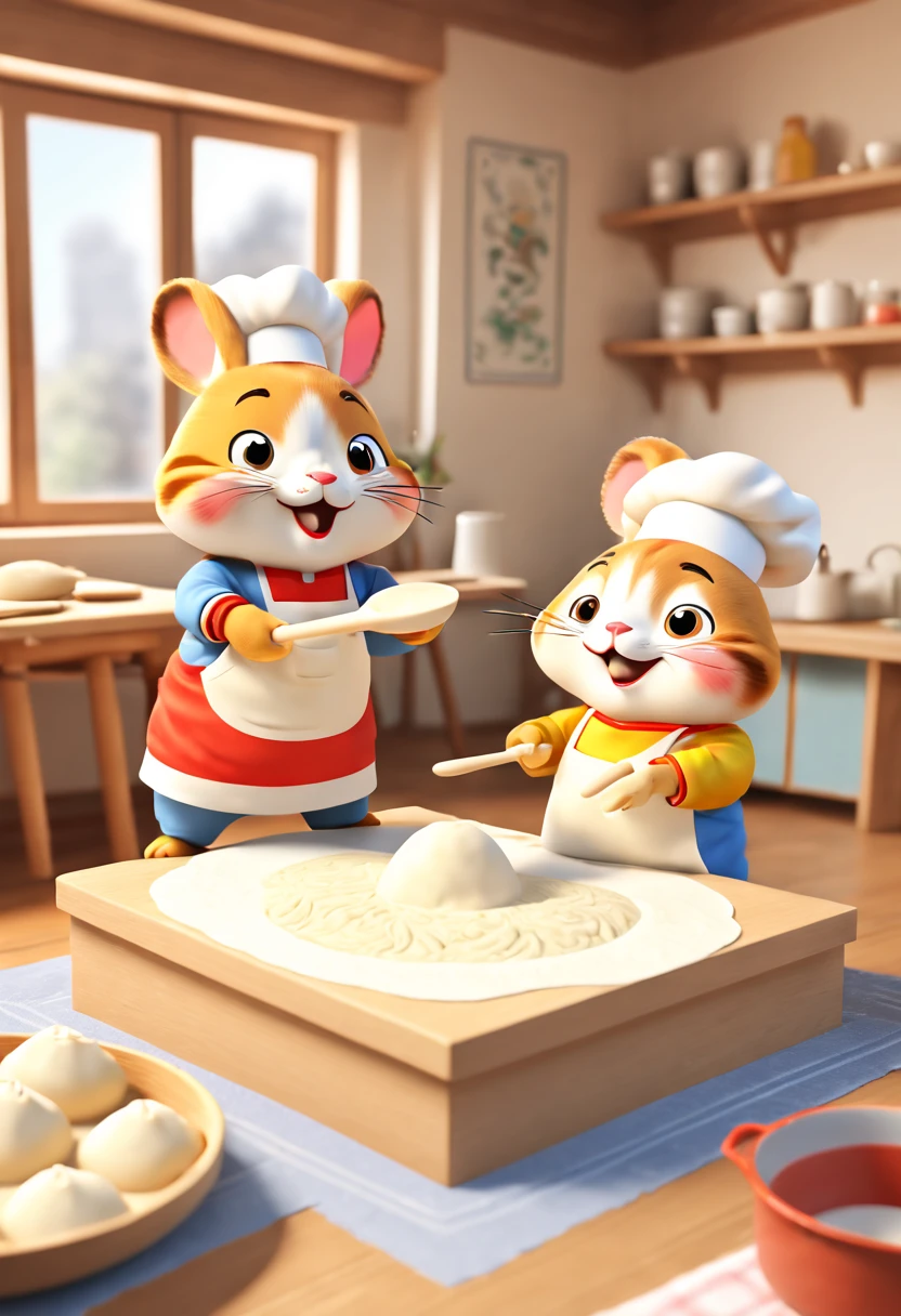 by Richard Scarry, family, make dumplings, kneading dough, Rolling pin, flour, Chinese, octane render, enhance, intricate, (masterpiece, Representative work, official art, Professional, unity 8k wallpaper:1.3)
