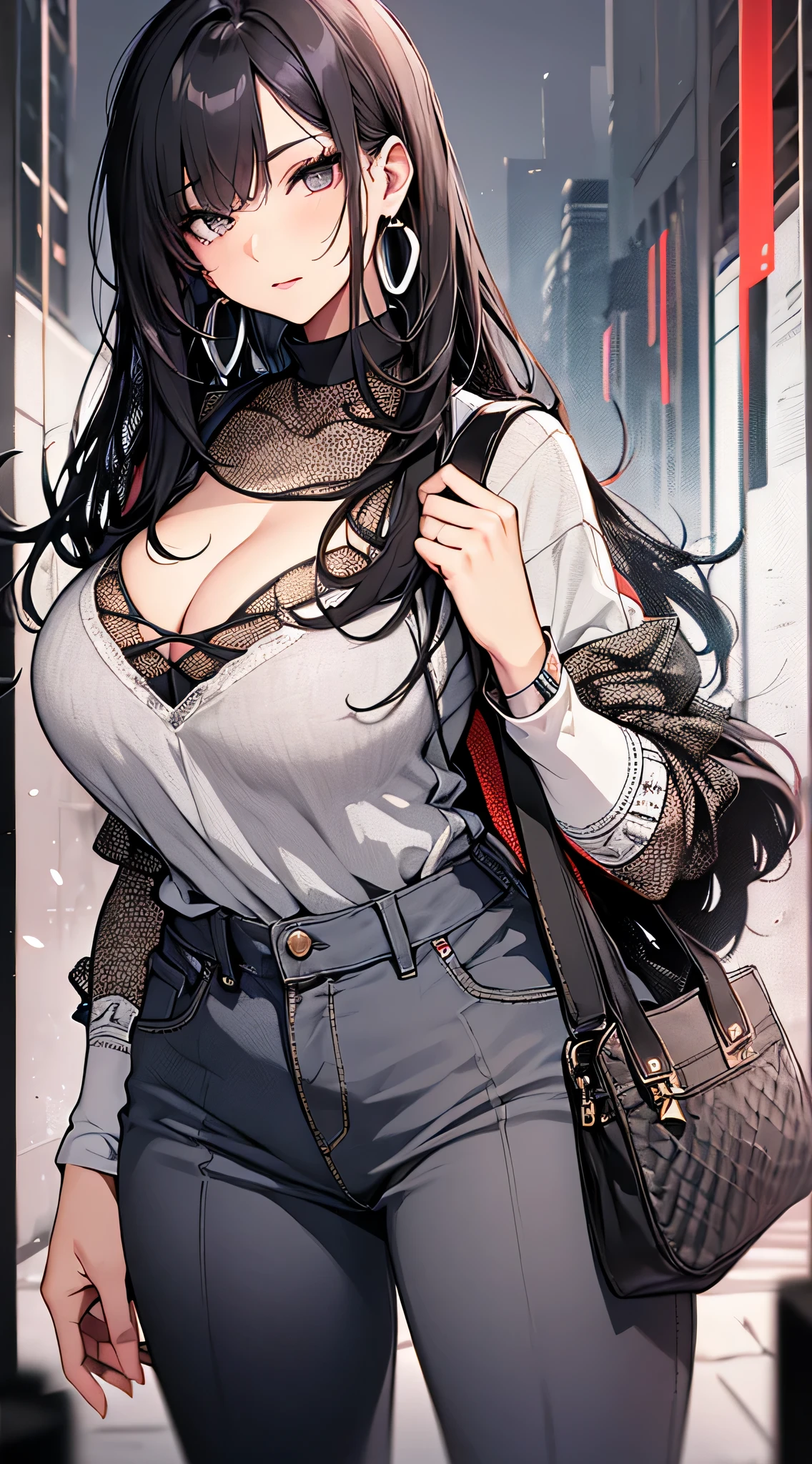 top-quality、Top image quality、masterpiece、age girl((White shirt、Long black trousers、18year old、 Ager、Best Bust、big bast,Black eyes, Black hair、A slender,Large valleys、red lipstick makeup on eyelids、Cute earrings、銀の腕時計、sexypose、Bring your chest together、Stylish shoulder bag、Red mesh、Leaning forward)),hiquality、Beautiful Art、Background with((white wall for photography、Multiple cameras、Shooting range))masterpiece、depth of fields,Cinematic style
