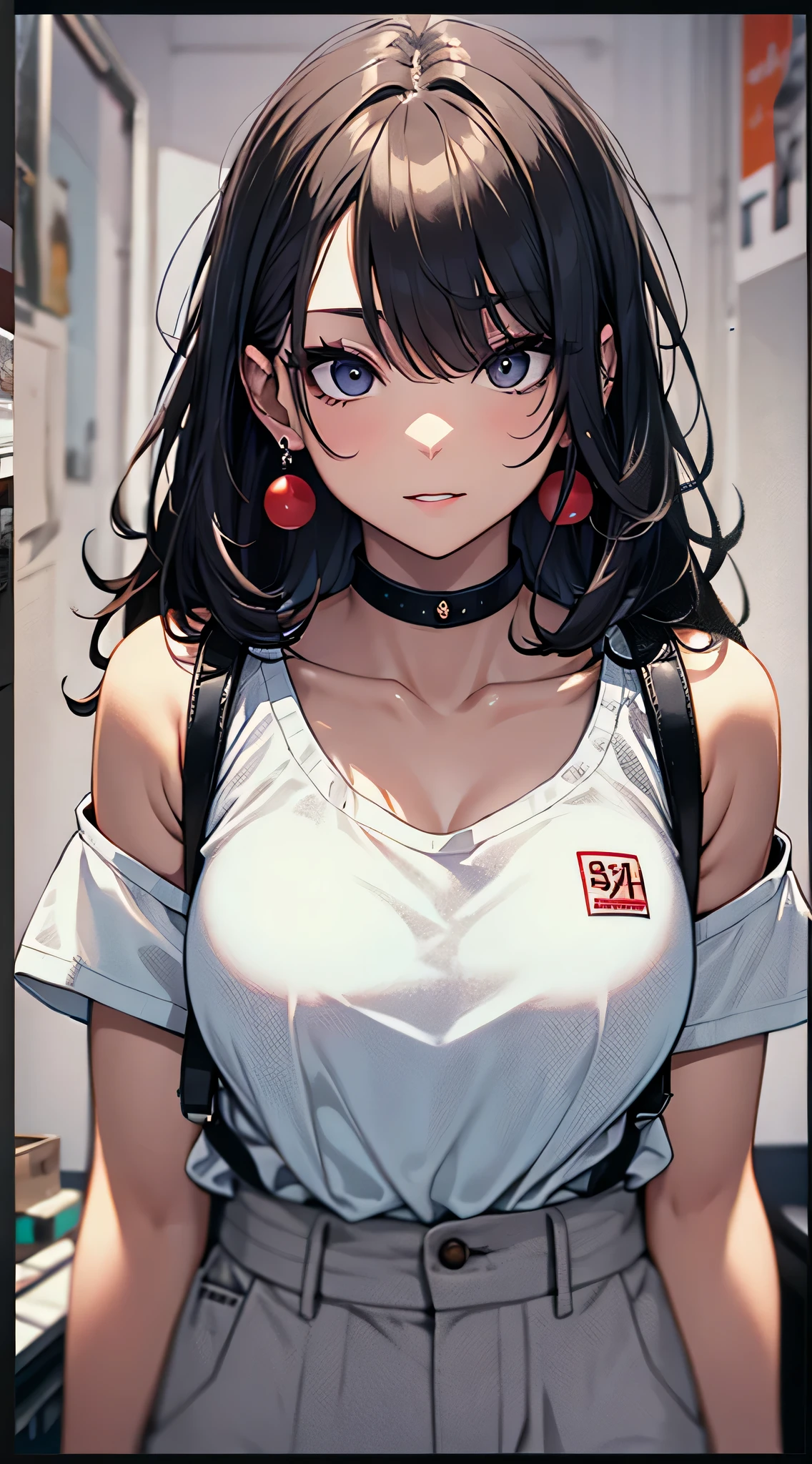 Masterpiece, best quality, beautiful girl, beautiful face, ponytail, multi-colored hair, big breasts, T-shirt,