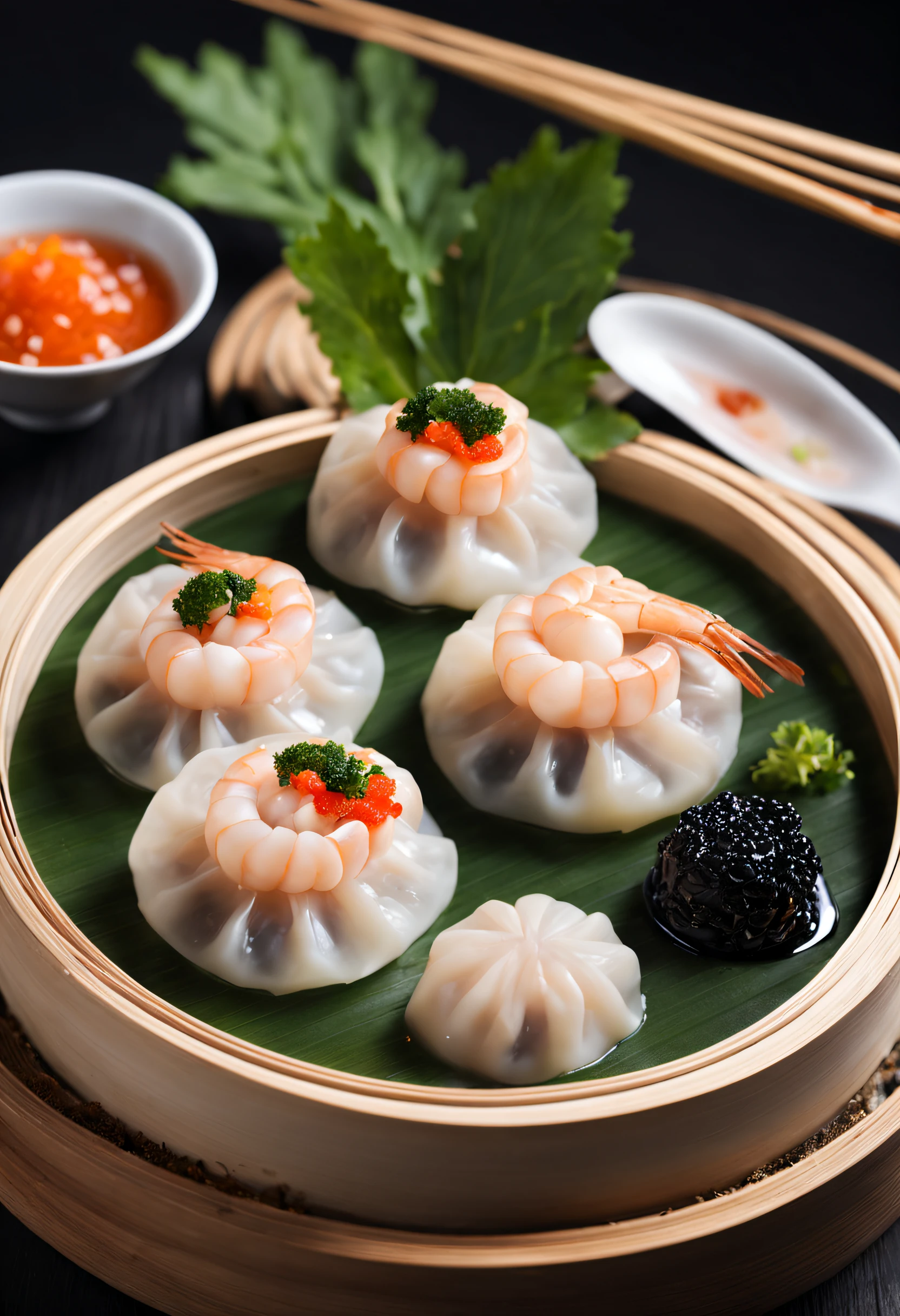 Produced by Michelin,Chinese traditional dumplings,Transparent shrimp dumplings,caviar,High-end presentation,award winning photography,largeaperture,The warm,