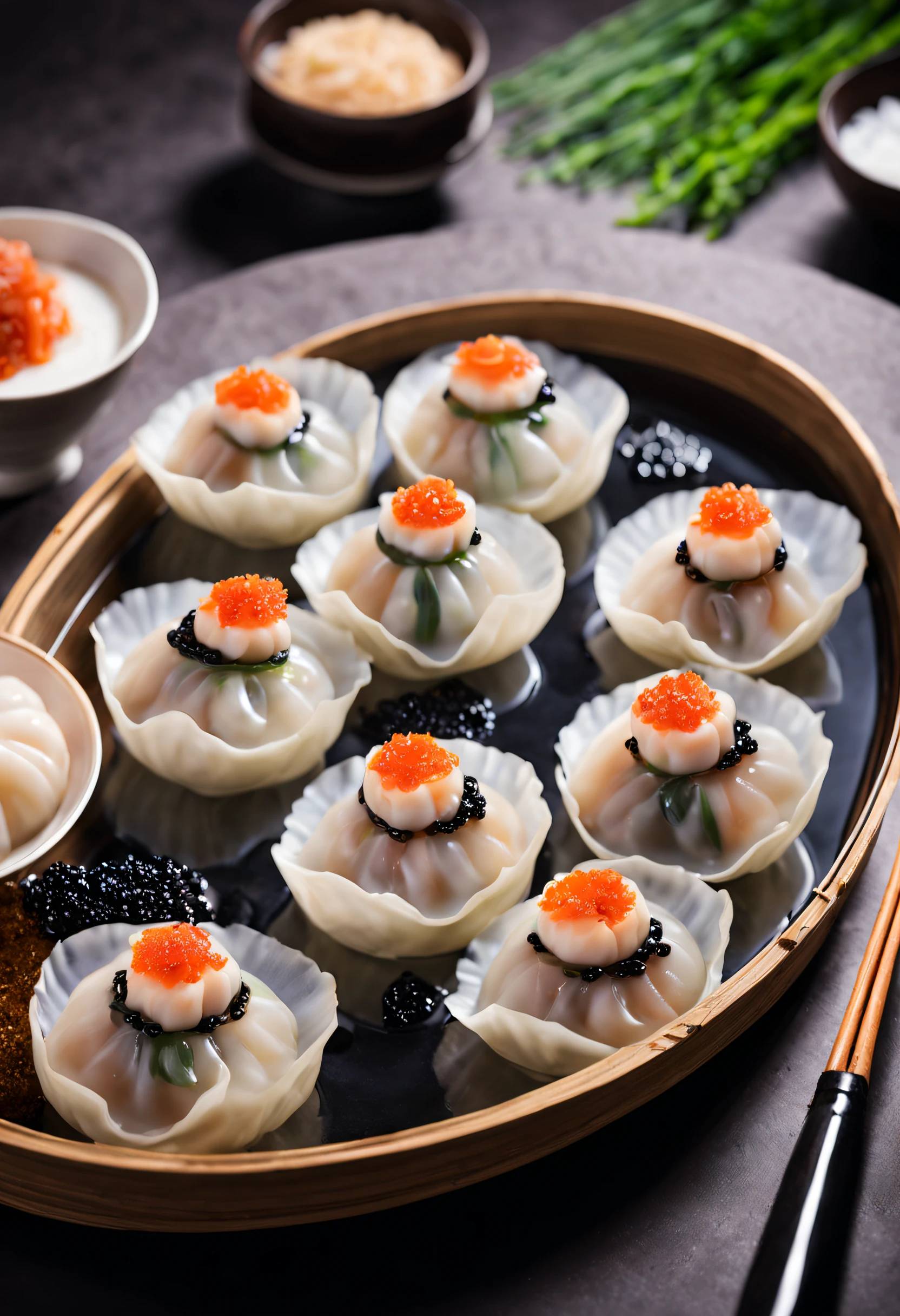 Produced by Michelin，Chinese traditional dumplings，Transparent shrimp dumplings，It's hot. caviar，High-end presentation，award winning photography，largeaperture，The warm，