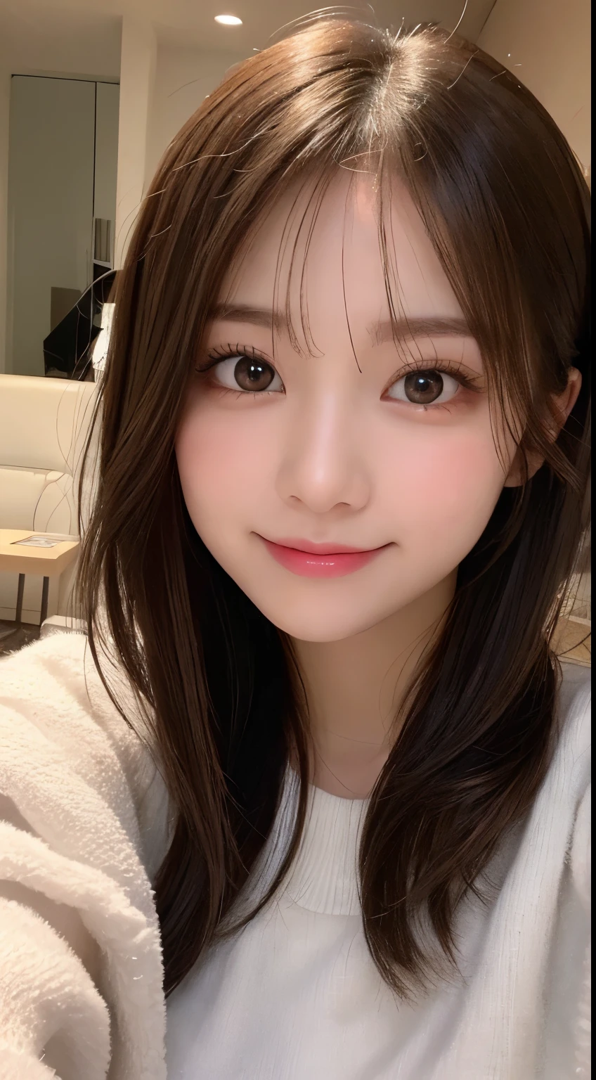 masutepiece, Best Quality, Illustration, Ultra-detailed, finely detail, hight resolution, 8K Wallpaper, Perfect dynamic composition, Beautiful detailed eyes, fluffy winter clothes,Medium Hair,small tits,Natural Color Lip, Bold sexy poses,Smile,Designer Mansion(a room)、20 years girl、Cute、Sexy shot looking at camera,Background blur,Beautiful detailed face,Perfect and beautiful face,beautiful big eyes,Small face
