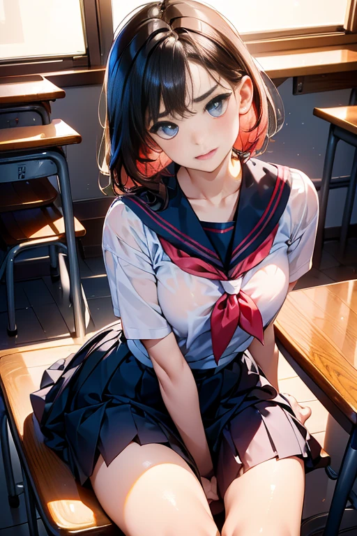 One beautiful and cute girl、female high-school student、（a sailor suit）、red neckerchief、（Mini pleated skirt in dark blue）、（Stockings with a thin black lace pattern：Realism：1.3）、Looking at the camera、Blue eyes、（Teary-eyed、Realism：1.3）、Troubled face、Red cheeks、A look of shame、（Pink shiny lips）、（Mouth「Ahhh」Open to the shape of、Realism：1.3）、Short hair style with slightly wavy hair、（drooing eyes、Realism：1.3）、schools、Sitting on a chair in a classroom。