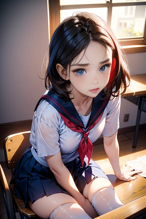 One beautiful and cute girl、female high-school student、(a sailor suit)、red neckerchief、(Mini pleated skirt in dark blue)、(Stockings with a thin black lace pattern:Realism:1.3)、Looking at the camera、Blue eyes、(Teary-eyed、Realism:1.3)、Troubled face、Red cheeks、A look of shame、(Pink shiny lips)、(Mouth「Ahhh」Open to the shape of、Realism:1.3)、Short hair style with slightly wavy hair、(drooing eyes、Realism:1.3)、schools、Sitting on a chair in a classroom。
