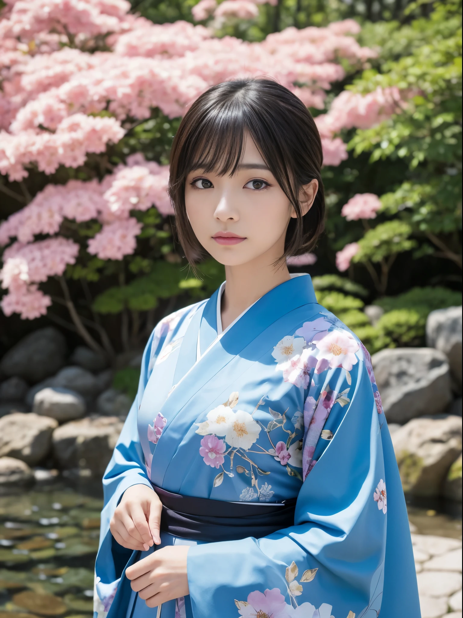 (Best Quality,8K,Raw photo,Realistic,High resolution:1.2),(Japanese beauty with makeup、eye make up),,A dark-haired、Short Bob、Flower kanzashi、(Slim body),(komono、japanese kimono、Kimono with blue floral pattern),,(Japanese garden),(30-years old、difficult、Takamine Flower、The presence of idoleautiful  )、sideways Facing、