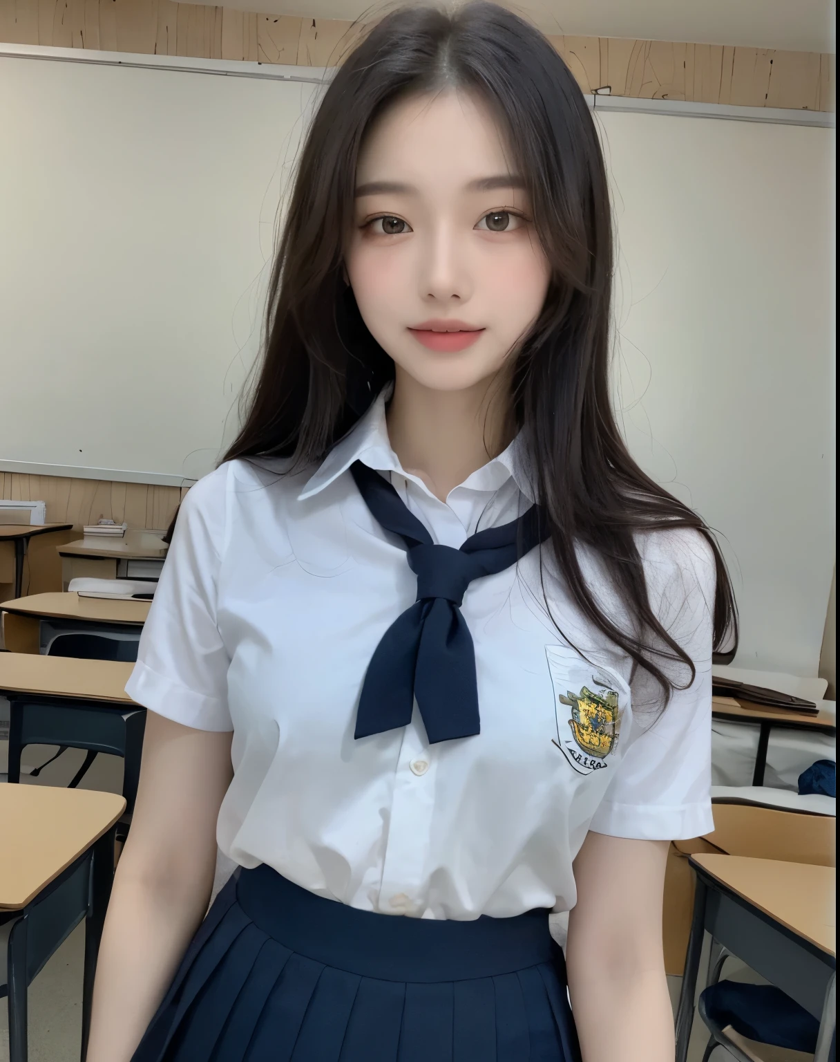 (Masterpiece, best resolution: 1.2), (brown eyes), seduction, smile, long hair, small breast, high-definition facial features, 8K, double eyelids, delicate facial feature, natural body, ((((wearing school uniform and skirt))), (((classroom))), (standing), full body