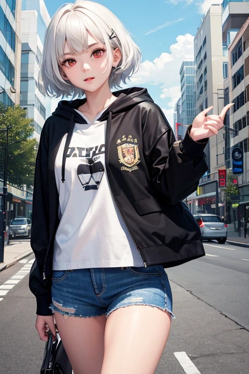 1girl, short white hair,red eyes,wearing black hoodie,denim shorts,city,absurder, high res, ultrasharp 8k, masterpiece, looking at the viewer