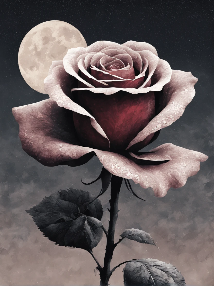 Moon Profile, halftone pattern, editorial illustration of a blooming rose, highly textured, жанрообразующий коллаж в смешанной технике и крайний абсурдизм в сочетании с award-winning halftone pattern illustration, Smooth shapes, Subtle shadows, texture, minimalistic color scheme, inspired by Zdzislaw Beksinski., Jacob Lawrence and Francis Picabia, Perfect composition