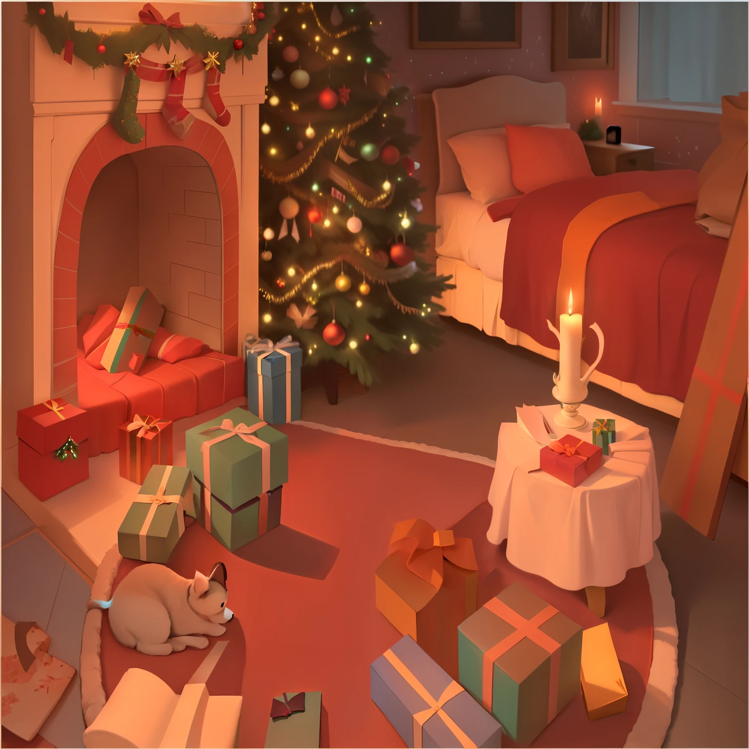 There is a picture of a room with a Christmas tree, detailed scene, hyper detailed scene, arte de fundowork, interior arte de fundo, gifts, Personal room background, Home background, random background scene, Realistic scenarios, immensely detailed scene, Fundo sala de estar, Surreal, Christmas Eve, highly detailed scene, arte de fundo, cozy Fundo sala de estar, cozy environment