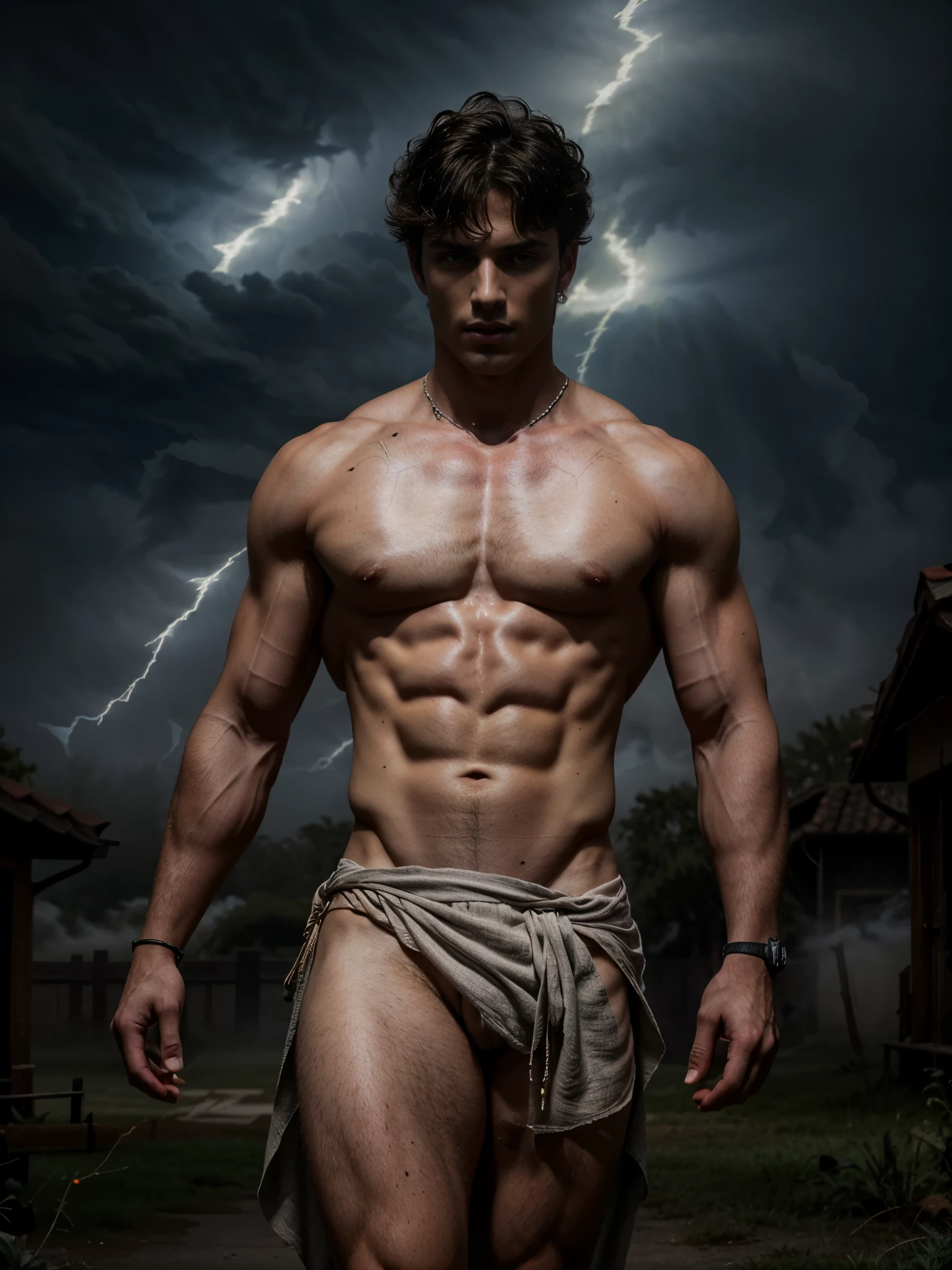 ((masterpiece)),((best quality)),8k, high detailed, ultra-detailed, Stylish Pose, real skin texture, dark cinematic lighting, 24 year-old Italian male model, (handsome italian:1.8), cute looking, divine look, powerful, blue eyes, hunter eyes, Zeus god, god of thunder, Jupiter, godly, angry look, bending electricity, displaying the ability to manipulate lightning, creating massive lightning, white pale skin, roman god physic, intense blue eyes, dry hair dry short brown messy hair, strong jawline, masculine, muscular, defined fit body, hairless chest, shirtless, pantless, open sea, sinister aesthetic, black storm clouds, arm bracelet. ( lightning:1.6) clouds, (thunder:1.5), walking towards the camera, (tule fog:1.6), (in the middle dense fog:1.7), (night dark storm:1.5), barelegged, barefoot, (antique linen spartan loincloth:1.3), white linen antique draped cloth skirt, (golden chain in a roman loincloth),,,, dim light, dark atmosphere, cinematic lighting, Depth of field, award-winning photography, elegant, hyperrealistic, octane render, unreal, high definition, 8k resolution, highly detailed, 8k uhd, professional lighting, photon mapping, radiosity, physically-based rendering