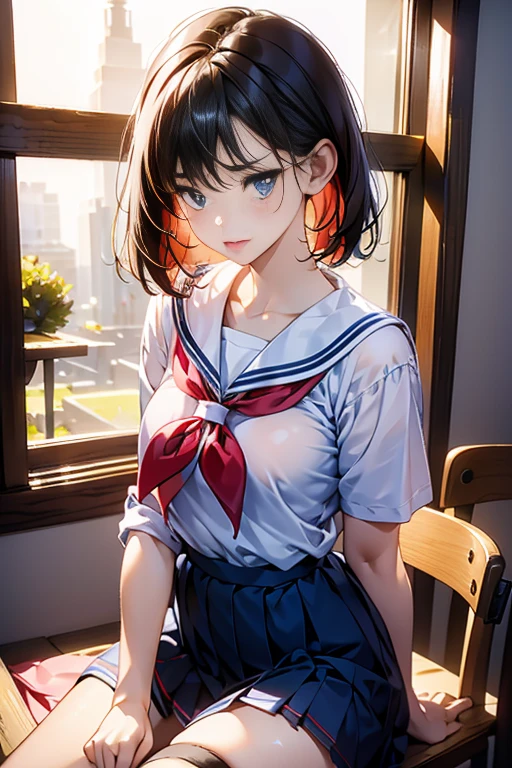 One beautiful and cute girl、female high-school student、(a sailor suit)、red neckerchief、(Mini pleated skirt in dark blue)、(Stockings with a thin black lace pattern:Realism:1.3)、Looking at the camera、Blue eyes、(Teary-eyed、Realism:1.3)、Troubled face、((Red cheeks))、((A look of shame))、(Pink shiny lips)、(Mouth「Ahhh」Open to the shape of、Realism:1.3)、Short hair style with slightly wavy hair、(drooing eyes、Realism:1.3)、schools、Sitting on a chair in a classroom。