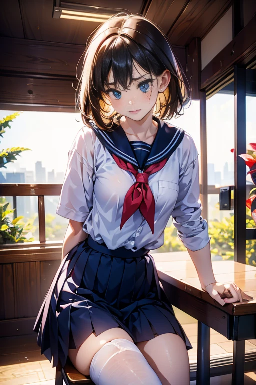 One beautiful and cute girl、female high-school student、(a sailor suit)、red neckerchief、(Mini pleated skirt in dark blue)、(Stockings with a thin black lace pattern:Realism:1.3)、Looking at the camera、Blue eyes、(Teary-eyed、Realism:1.3)、Troubled face、((Red cheeks))、((A look of shame))、(Pink shiny lips)、(Mouth「Ahhh」Open to the shape of、Realism:1.3)、Short hair style with slightly wavy hair、(drooing eyes、Realism:1.3)、schools、Sitting on a chair in a classroom。