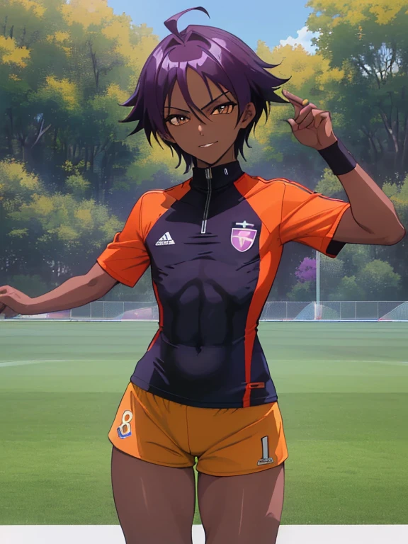 (((Official art,superfine illustration,hight resolution, masutepiece, best qualtiy,Best Quality,)))hightquality, detaileds, (A ),12 years oace striker male idol with a super cute face,A boy as beautiful as Planding, Cool handsome face with smile, soccer spike, Long legs, thighs thighs thighs thighs, Foots, Bulge, (Purple hair、Spiky hairstyle)、Shiny hair, (tight shiny orange soccer uniform suit), (tight and shiny soccer shorts), (Soccer Socks), tussock, Cool pose, (厚いthighs thighs thighs thighs、Seduce your big ass to your crotch)、(((soccer field in the park)))、((cocky、))、Smirk、Spread legs,Ultra-fine painting, (Best Quality, 4K, 8K, hight resolution, masutepiece:1.2),(((Being aware of the sexual gaze of middle-aged gay men)))、Service Shots、(((Dark skin)))、((detailedsな目:1.2))、kawaii eyes、