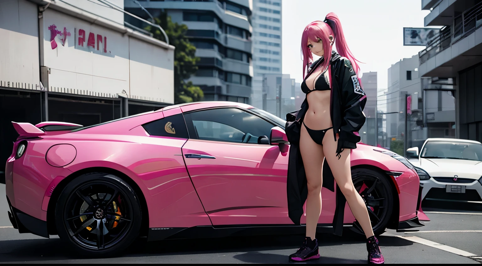 Full body shot, female asian Irina Shidou pink hair twintails green eyes, standing next to a Nissan GT-R in a cyberpunk city, wearing bikini and a bomber jacket and , standing next to a purple Nissan GT-R, side shot, back shot, shot from backside, behind shot, masterpiece, highly detailed, use contemporary colors, sexy bikini