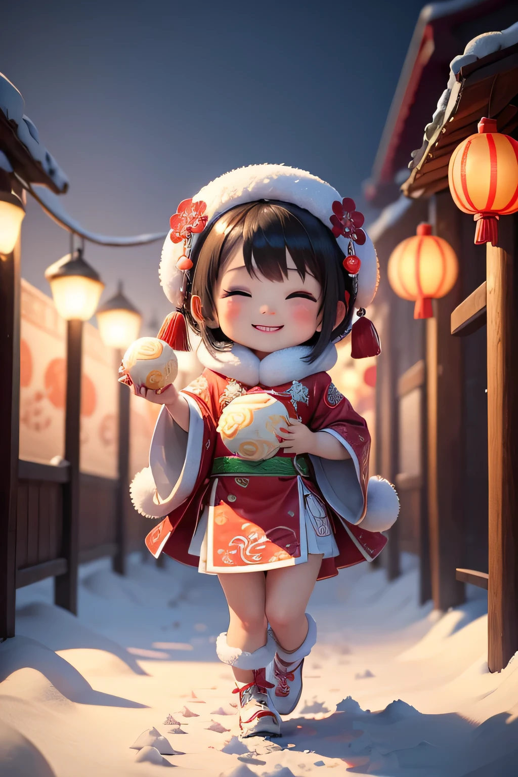 A cute chibi character wears traditional Chinese clothing to welcome the winter solstice festival, 拿着Tangyuan (Tangyuan), She had a smile on her face, Snow scene as background. high qulity, Detailed 3D illustration of traditional Chinese festival, Happy girl in festive clothes, 拿着美味的Tangyuan, Picturesque snow scenery around, Artistically rendered with vibrant colors and stunning attention to detail. Great for greeting cards, digital wallpaper, and holiday decorations.