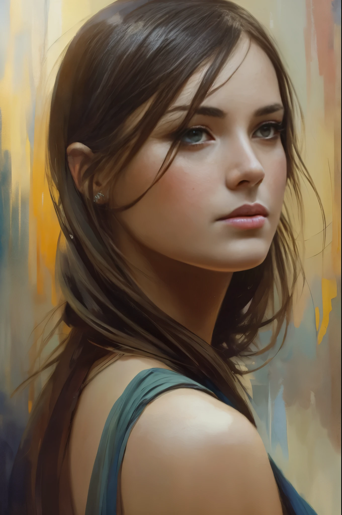 painting of a woman, with influence of Jeremy Mann, Jeremy Mann, style of Jeremy Mann, Jeremy Mann painting, Jeremy Mann art, Ron Hicks, Liepke, Jeremy Mann and alphonse mucha, Works that influenced Edmund Blampid, robert lenkiewicz, Casey Boe and James Jean, Inspired by Willem Kalf, Nick Alm, Tumbler, figurative art, Intense watercolor painting, watercolor detailed art,expressive beautiful painting, a beautiful artwork illustration, very colorful tones, Fantastical, Cool Beauty, Best Quality,Official art, Female Solo, sharp outline, a gloomy, nostalgia, Eyes without pupils, color eye, ideal anima, In search of lost time, Best Quality, Perfect Angle, perfect-composition, Best Shots, Official art, ciinematic light, female solo, Face close-up