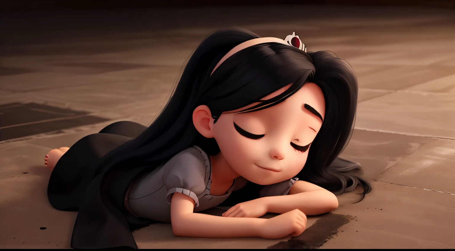 "At night, the princess sleeps on the ground, her eyes closed. She sleeps on the dirty black floor, with long black hair, fair skin. She is wearing a gray dress."