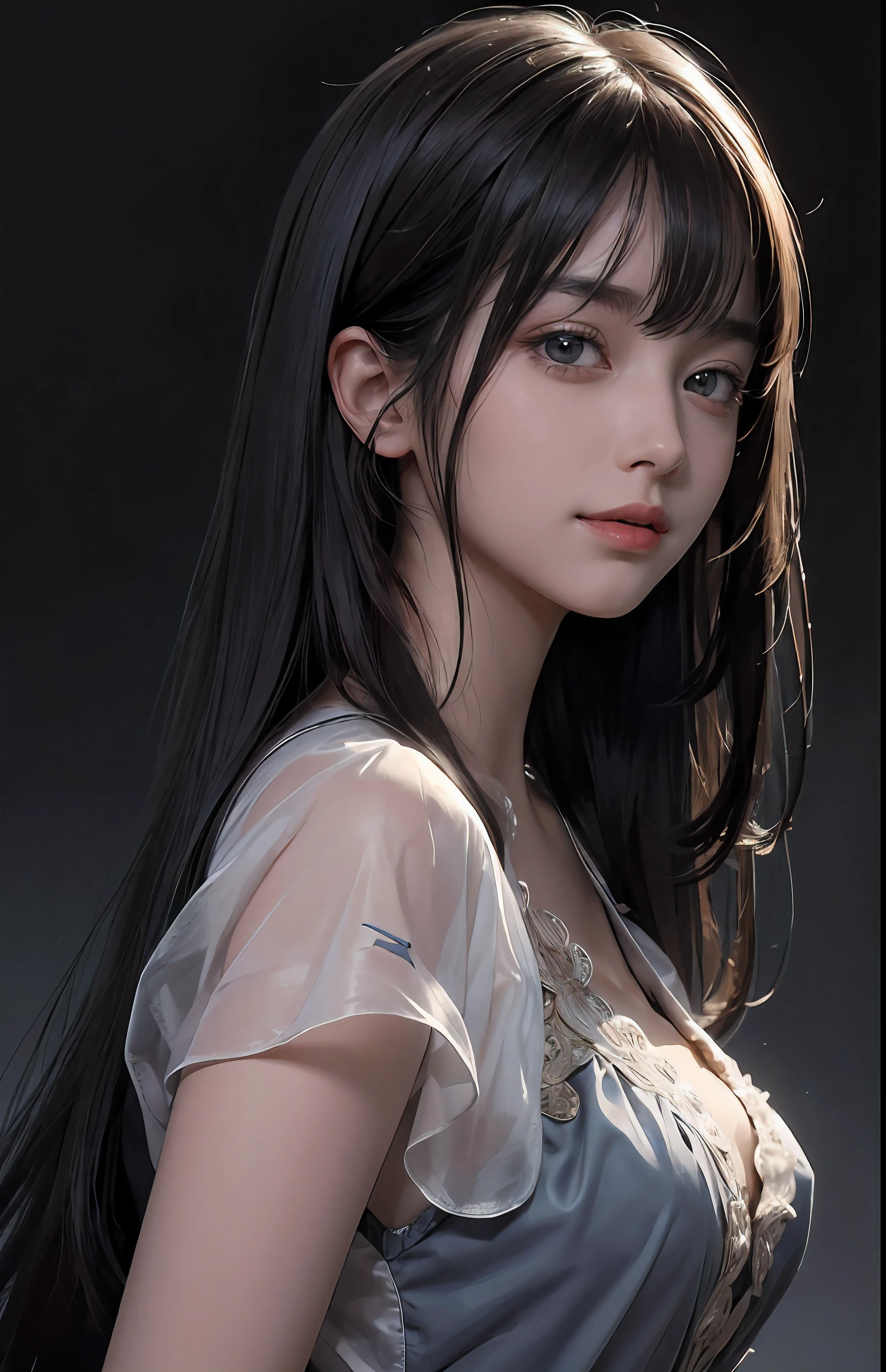 (Ultra Realistic), (Illustration), (Increased Resolution), (8K), (Extremely Detailed), (Best Illustration), (Beautiful and Detailed Eyes), (Best Quality), (Ultra Detailed), (Masterpiece ), ( wallpaper), (detailed face), solo, 1 girl, looking at viewer, fine details, detailed face, in the dark, deep shadows, low key, pureerosfaceace_v1, smiling, long hair, black shawl straight hair , 46 points oblique bangs