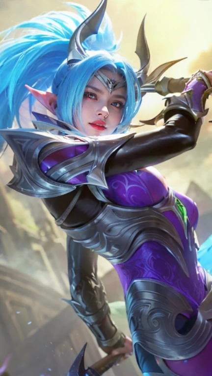 (female:1.2), 8k, ultra hd, ultra detailed texture, hyper realistic, masterpiece, detailed texture, detailed face, detailed skin, detailed lighting, (photorealistic:1.5), best quality, beautiful lighting, cinematic lighting, professional lighting, ultra highres, realistic, detailed hair, real hair, high quality, (realskin:1.5), extremely detailed, finely detail, ultra-detailed, 1girl, solo, elf, pointy ears, standing, demon horns, forehead protector, (red eyes:1.5), v-shapped eyebrow, lips, red lips, evil smile, nose, make up, pretty, beautiful, cute face, long hair, blue hair, high ponytail, large breasts, cleavage, armpit, navel, stomach, black armor, pauldrons, bare shoulders, shoulder armor, thigh high, sleevless, detached sleeves, breastplate, gauntlets, karina \(mobile legends\), depth of field, looking aways, white skin, skin tight, amazing pose, outdoors, glowing, dark view, blurry background