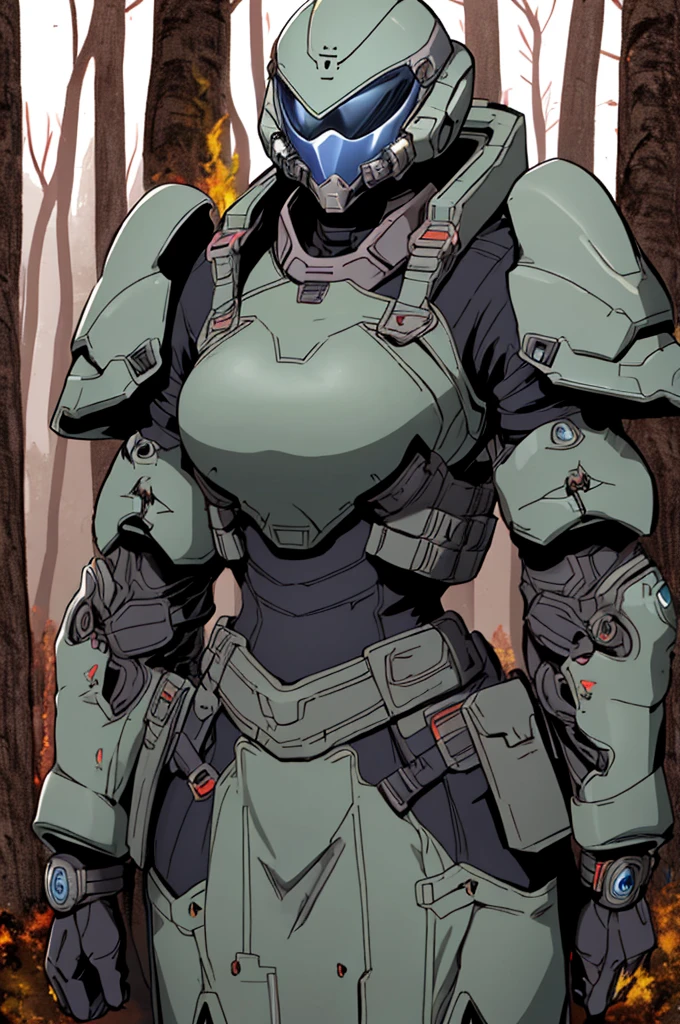 zoomed out view, solider, tall, girl muscular build, sci-fi body armor with shoulder and wrist armor waist armor, heavy plated armor covering the whole body, futuristic ballistic mask and helmet, armor color scheme red and black, burning forest in background, apocalyptic,