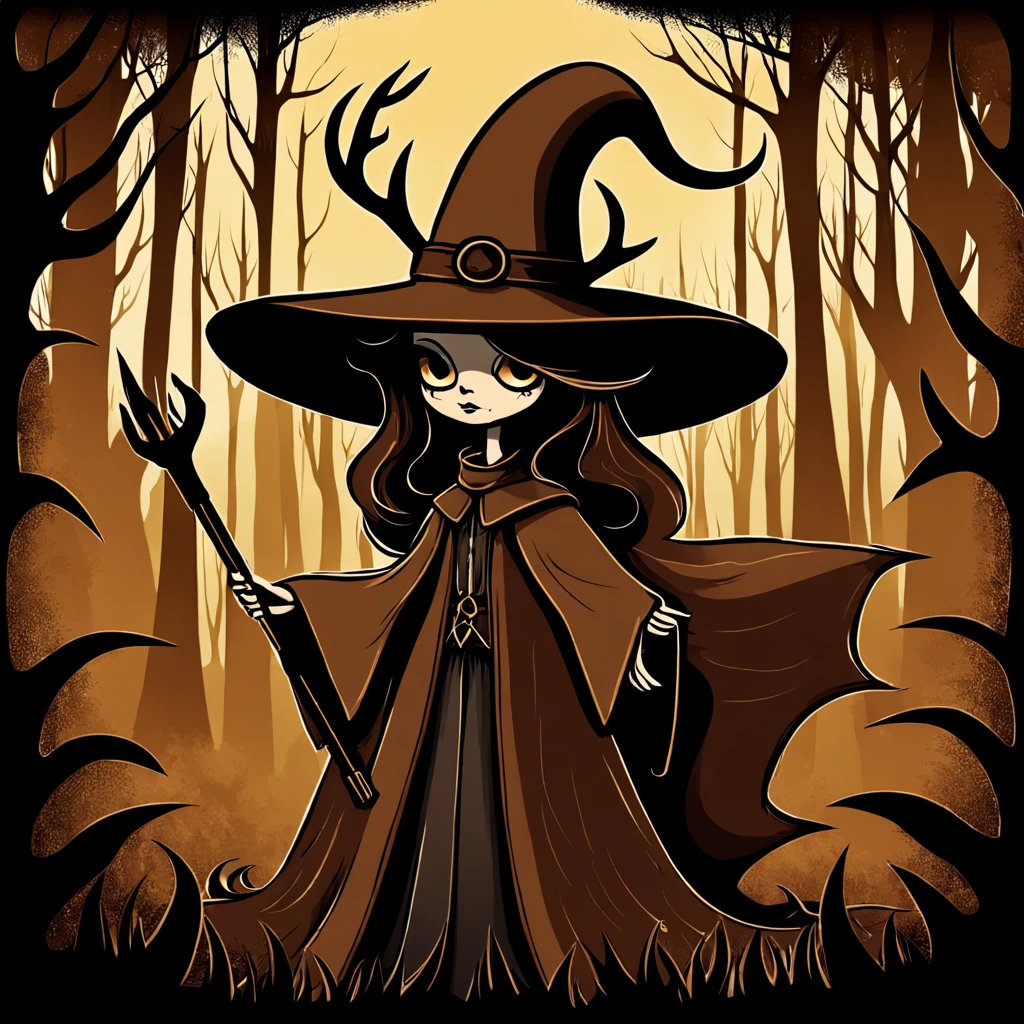 Witch in Fallow brown colors witch hat and witch outfit in brown with light brown spots with a antler-like wand, background forest deer