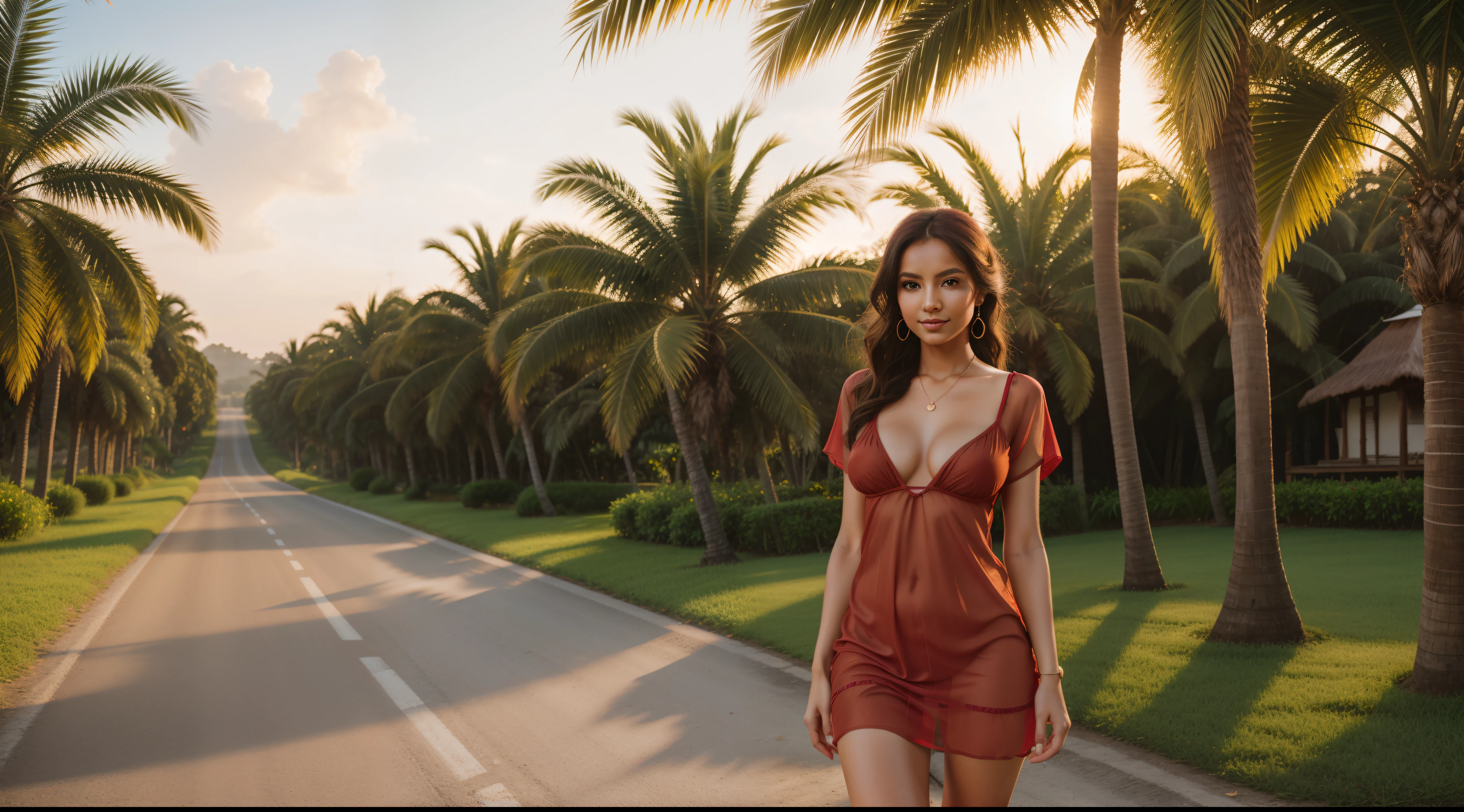 ((a girl (stand:1.2) (alone:1.6) on the road)),((full-body portrait:1.2, cinematic-shot)),(best quality,4k,8k,highres,masterpiece:1.2),ultra-detailed,(realistic,photorealistic,photo-realistic:1.37),(beautiful and aesthetic:1.2),(film grain:1.3).

[(1girl),(solo),((1 person)),(19years-old),[Raiana-Elizabeth-Dilla],pearl skin,(skin pores:1.1),beautiful detailed eyes,beautiful detailed lips,extremely detailed eyes,longeyelashes,extremely detailed face and skin texture,(skin texture:1.1),black hair,tall and slender body,(192cm tall),thin and delicate figure,graceful posture,flawless skin,defined abs,perfect curves,feminine appearance,beautiful long legs,embodying elegance and beauty,(cleavage breasts,large breasts:1.4),((wearing a sexy see-through ((ultra-short ((red)) bohemian-style mini-shirt-dress)):1.4),extremely detailed and realistic (red) clothes,(shiny skin),((sharp focus:1.5)),(earringeathers:1.5),(happy expression,full smile)].

[Indonesian country road,vibrant green rice fields,verdant tropical landscape,bright blue sky with fluffy white clouds,sunlight filtering through the tall palm trees,soft warm breeze,traditional wooden houses in the background,colorful flowers blooming along the road,carrying a woven basket filled with fresh fruits,butterflies dancing around her,peaceful and serene atmosphere,harmonious blending of nature and culture,rich and vibrant color palette, with warm earth tones and pops of bright colors,soft golden hour lighting,highlighting the girl's natural beauty and illuminating the surrounding scenery].

Official art,extremely detailed,Angelic ethereal beauty,award-winning photography,professional photography,depth-of-field.