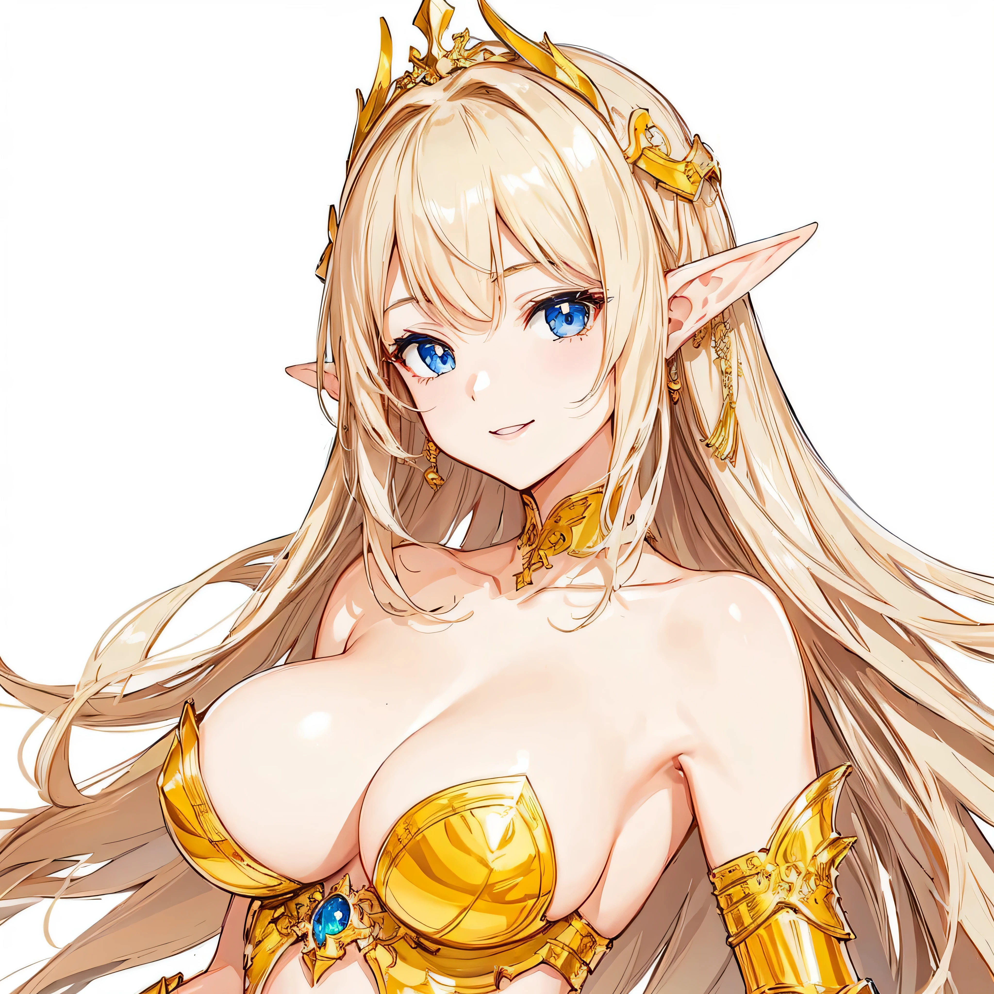 masterpiece、top-quality、ighly detailed、hight resolution、16k、fullnude、teats、Teetoob proportions、golden armour、Very thin skirt、Black pants、Very white skin、Beautiful fingers、Anime girl with very big breasts posing naked、Perfect Style、elvish、no-bra、Blonde blue-eyed、A smile、elvishの女の子、slim the contours