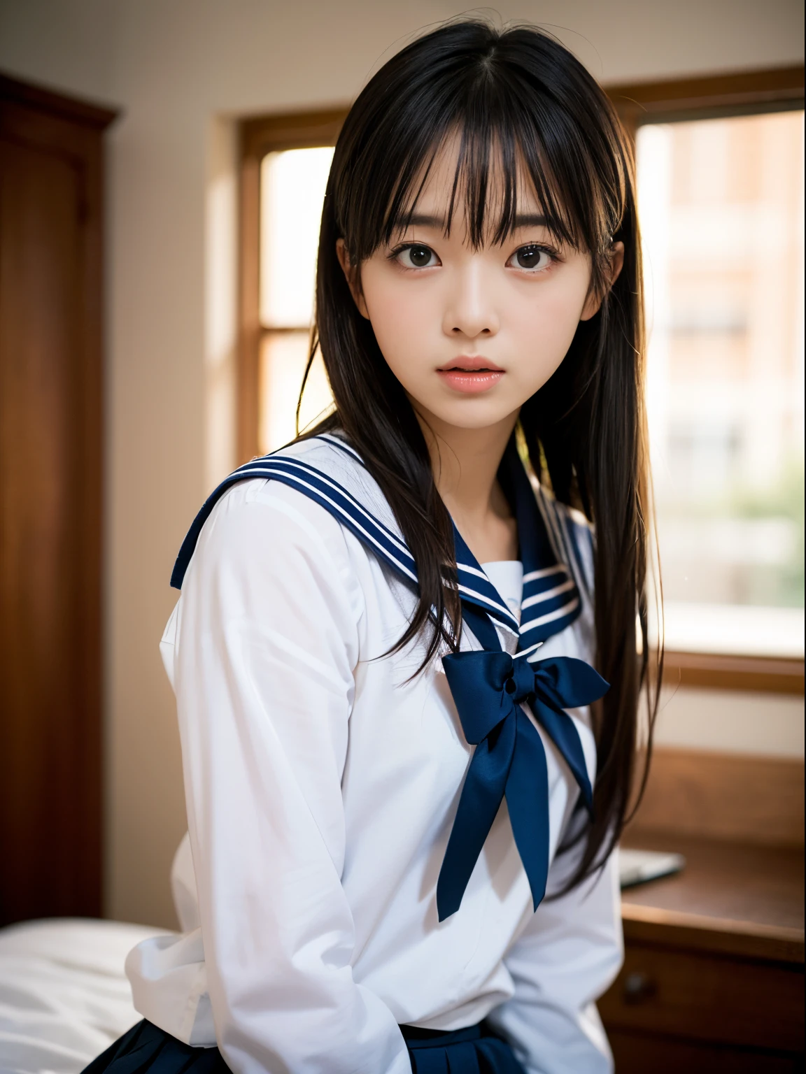 masutepiece, Best Quality, 8K, Official art, Raw photo, unbelievable Ridiculous, Beautiful Girl, Pretty Face, (Sitting, Upper body, Sailor Uniform, serafuku,:1.2), School uniform, Shirt, Looking at Viewer, close up, , crass room, a bow tie, Navy pleated skirt, A hyper-realistic, hight resolution, Photography, Film grain, chromatic abberation, Sharp Focus, face lights, Dynamic lighting, Cinematic lighting, highest details, ighly detailed, ultra-detailliert, finely detail, ighly detailedな目と顔