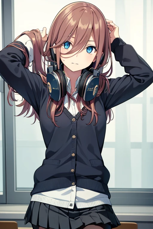 miku nakano, miku nakano chicke iii, long hair, bangs, blue eyes, brown hair, hair between eyes, headphones, headphones around neck,
BREAK skirt, shirt, long sleeves, white shirt, pantyhose, pleated skirt, black pantyhose, cardigan, green skirt, blue cardigan,
BREAK indoors, classroom, school,
BREAK looking at viewer, (cowboy shot:1.5), (upper body:1.5),
BREAK (masterpiece:1.2), best quality, high resolution, unity 8k wallpaper, (illustration:0.8), (beautiful detailed eyes:1.6), extremely detailed face, perfect lighting, extremely detailed CG, (perfect hands, perfect anatomy),