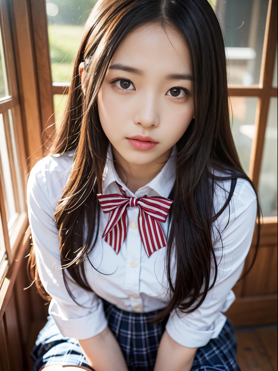 masutepiece, Best Quality, 8K, Official art, Raw photo, unbelievable Ridiculous, a beauty girl, 25-years old,Pretty Face, (Sitting, Upper body, Sailor Uniform, serafuku,:1.2), School uniform, Shirt, Looking at Viewer, close up, , crass room, a bow tie, Navy pleated skirt, A hyper-realistic, hight resolution, Photography, Film grain, chromatic abberation, Sharp Focus, face lights, Dynamic lighting, Cinematic lighting, highest details, ighly detailed, ultra-detailliert, finely detail,  ighly detailedな目と顔