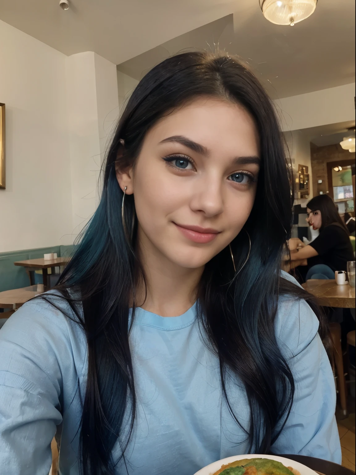 Photo of a 20 year old brunette woman, that  has a very natural face, blue-haired girl, thin lips, big blue eyes, thin eyebrows, thin nose, earrings, long eyelashes. She makes a cute selfie in a cafe, cute smile on face