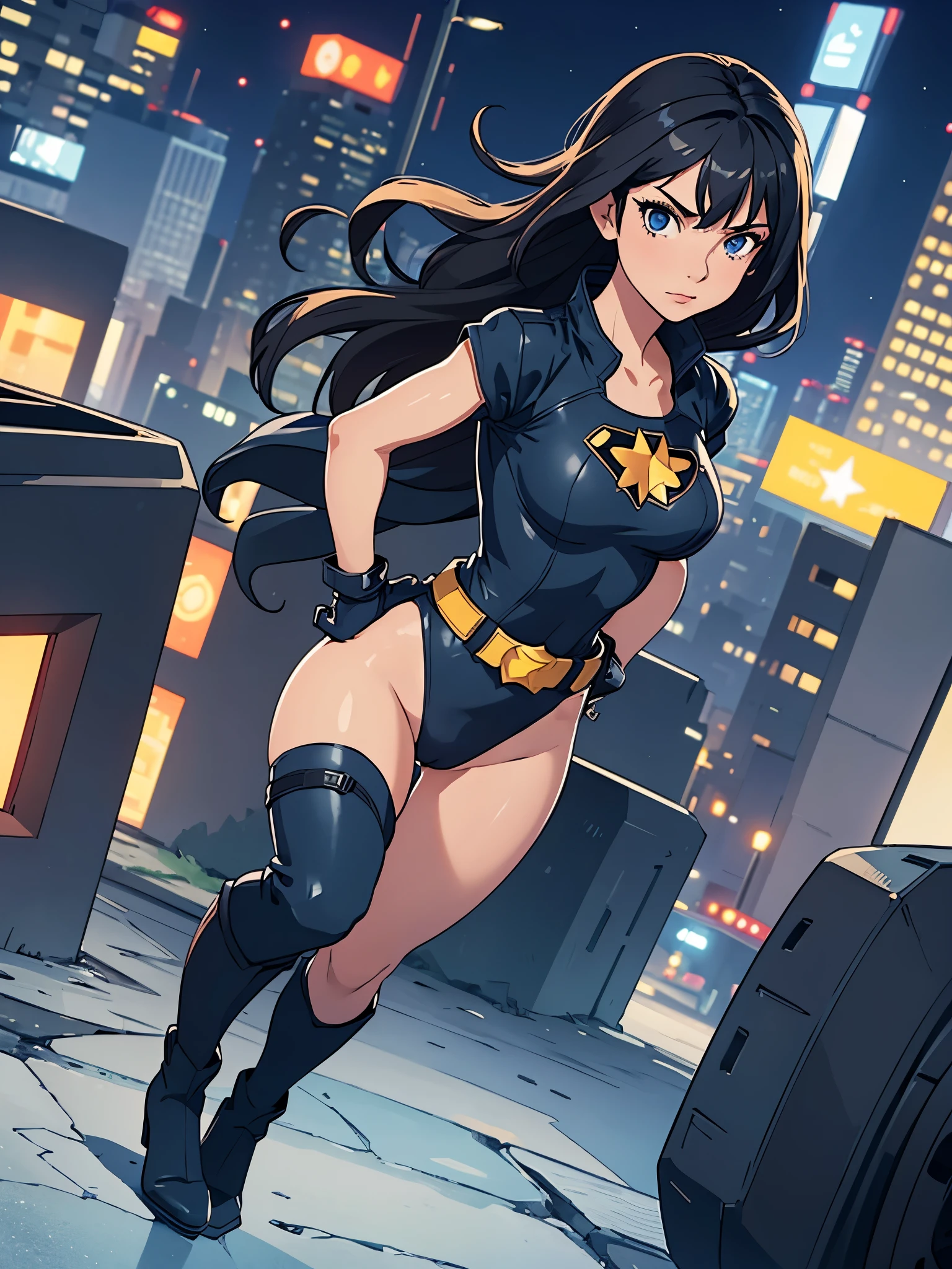 1girl, medium breasts, leotard, bare legs, tight belt, boots, gloves, city backdrop, solo, single, hands on hip, standing, full body shot, cowboy shot, superhero, beautiful detailed eyes, mature lady, star symbol on chest, black hair