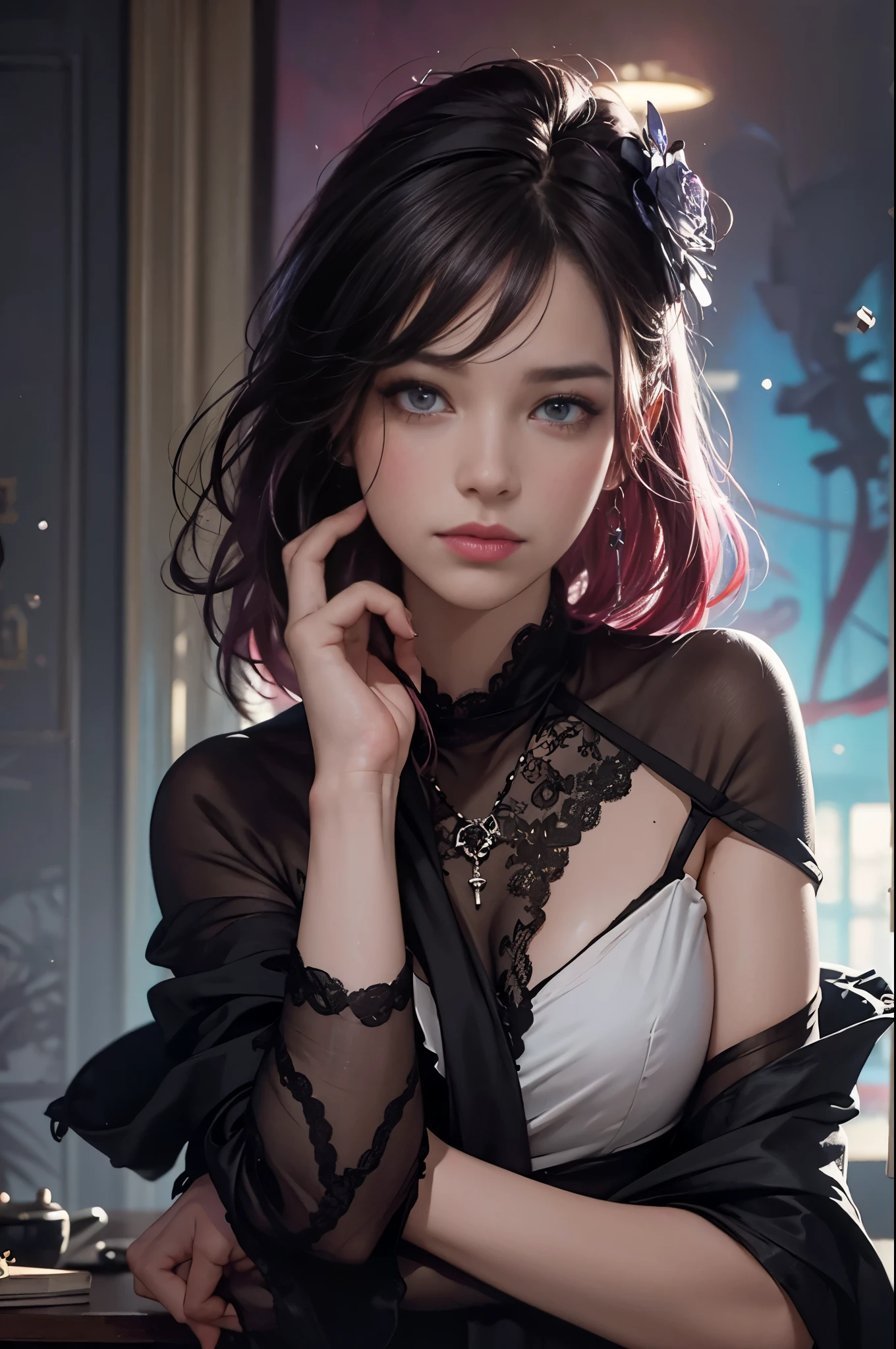 Magenta tones, painting of a woman, with influence of Jeremy Mann, Jeremy Mann, style of Jeremy Mann, Jeremy Mann painting, Jeremy Mann art, Ron Hicks, Liepke, Jeremy Mann and alphonse mucha, Works that influenced Edmund Blampid, robert lenkiewicz, Casey Boe and James Jean, Inspired by Willem Kalf, Nick Alm, Tumbler, figurative art, Intense watercolor painting, watercolor detailed art,expressive beautiful painting, a beautiful artwork illustration, very colorful tones, Fantastical, Cool Beauty, Best Quality,Official art, Female Solo, sharp outline, a gloomy, nostalgia, Eyes without pupils, color eye, ideal anima, In search of lost time, Best Quality, Perfect Angle, perfect-composition, Best Shots, Official art, ciinematic light, female solo, Face close-up