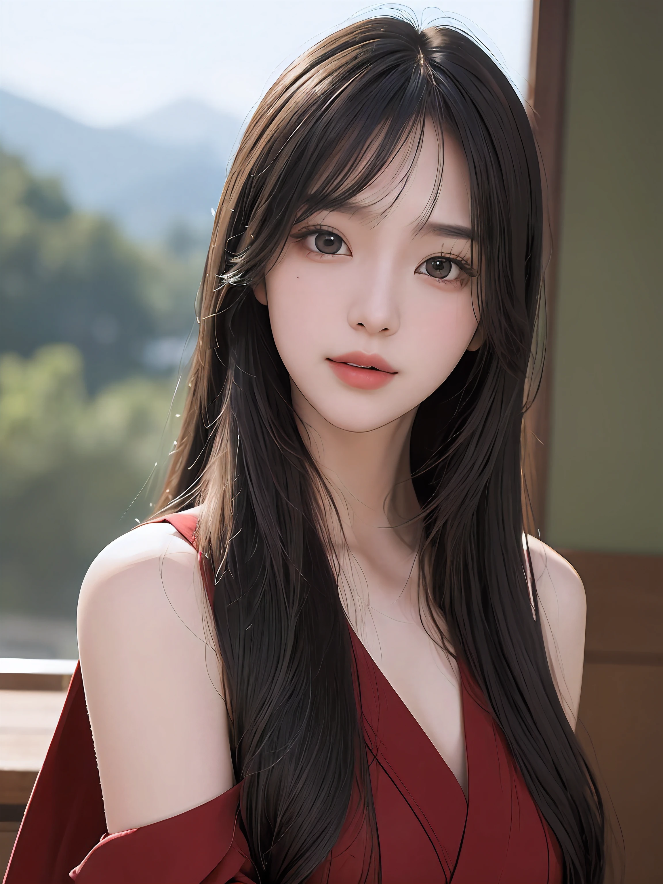 Masterpiece, Best Definition, High Quality, a beauti, Japanese, Japanese school girl, Popular Korean makeup, detailed, Swollen eyes, detailed eyes, detailed skin, beautiful skin, ultra high resolucion, (Reality: 1.4), Very beautiful, slightly younger face, beautiful skin, Slender, (ultra realisic), (Illustration), (high resolucion), (8K), (highly detailed), (best Illustration), (beautifully detailed eyes), (super detailed), (wall paper), (detailed face), looking up at viewer, Fine details, detailed face, pureerosfaceace_v1, Smiling, Looking straight ahead, Looking straight ahead, angle from waist up, photograph realistic, bright lighting, Professional Lighting, Black hair (Some greens), Long hair, dark ruins, Big Red Moon, Gorgeous red and black dress, mature woman, long stylish bangs,